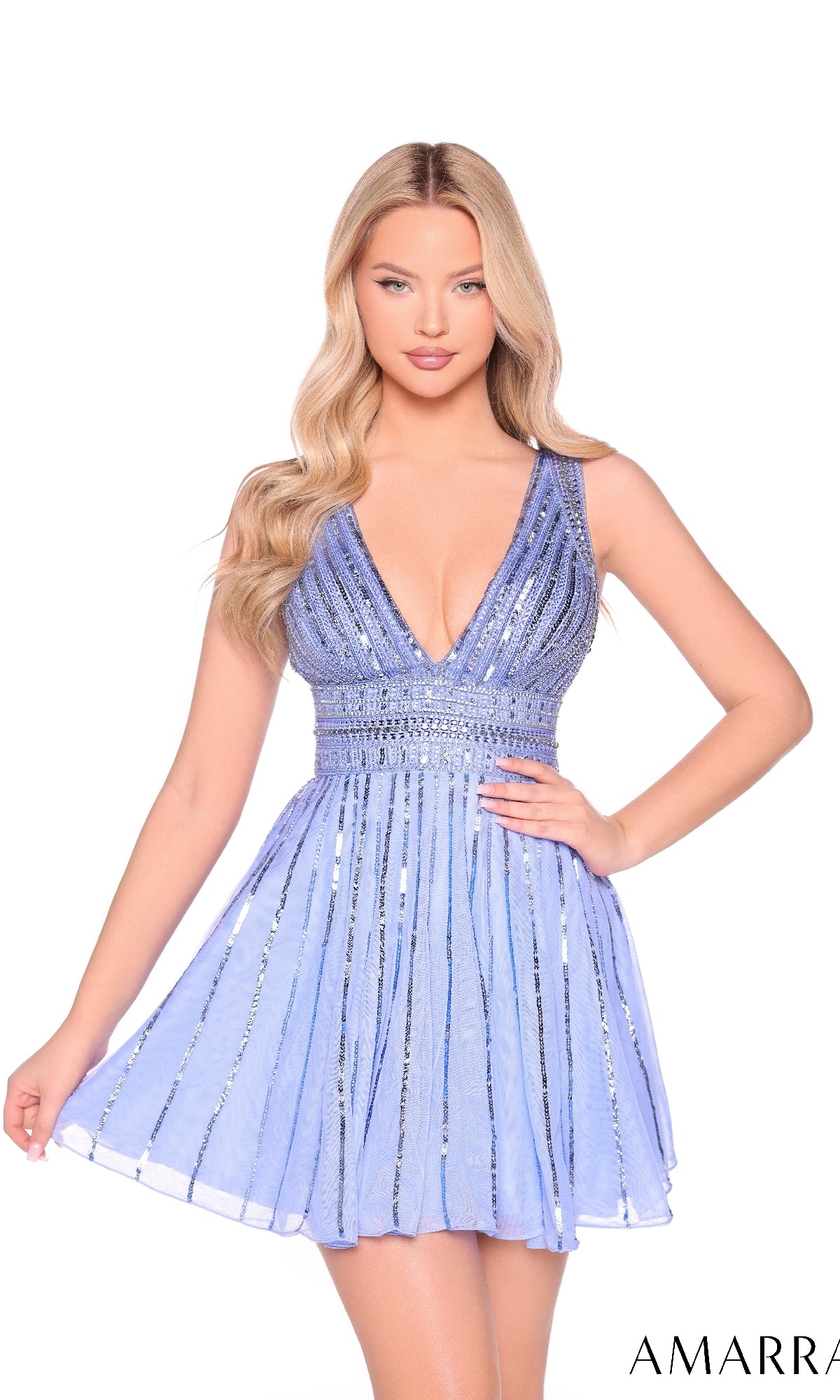 A woman poses with one hand on her hip, wearing the Amarra 88920 V-Neck Short Sequin Hoco Dress—a sleeveless, light purple party dress with a deep V-neckline and sparkling beaded details—against a white background.