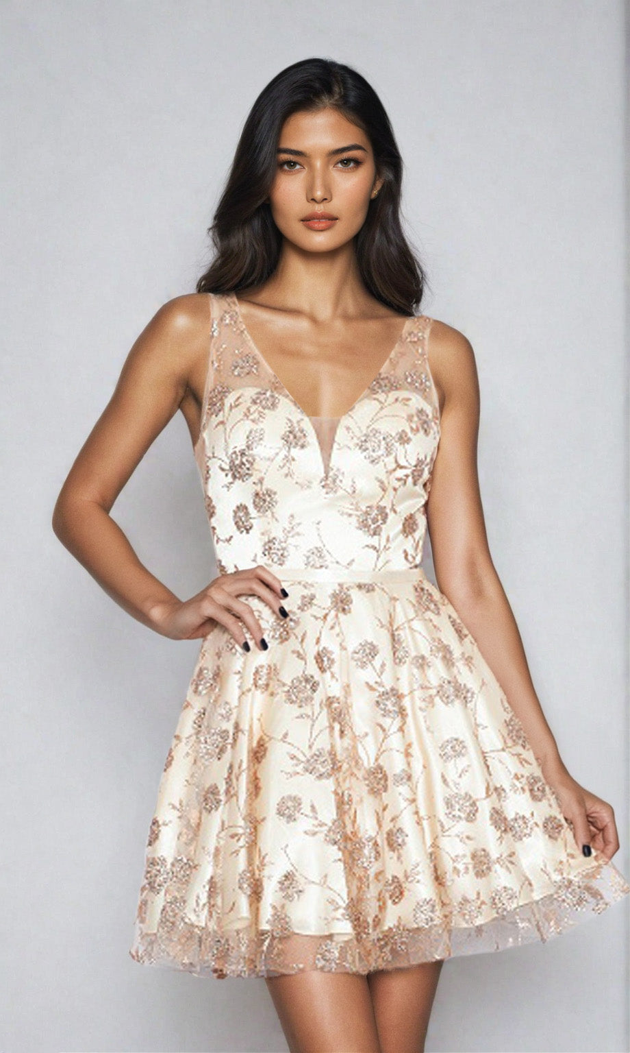 Model wearing the Floral-Glitter V-Neck Short Homecoming Dress 9202 in champagne, featuring a floral lace pattern, against a light gray background.