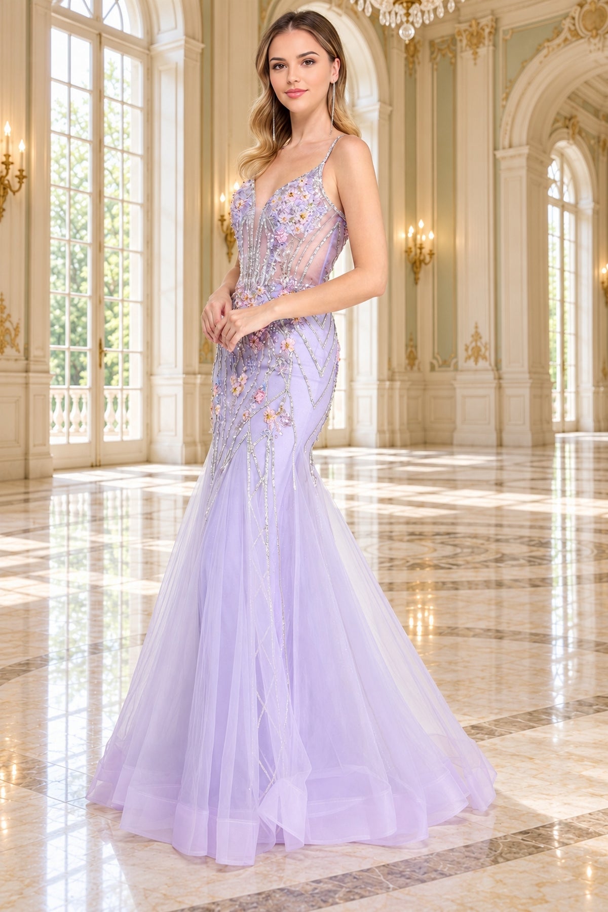 Amelia Couture 9104 lilac floral mermaid prom dress featuring a plunging neckline and a sheer bodice adorned with silver beading and delicate appliqués.