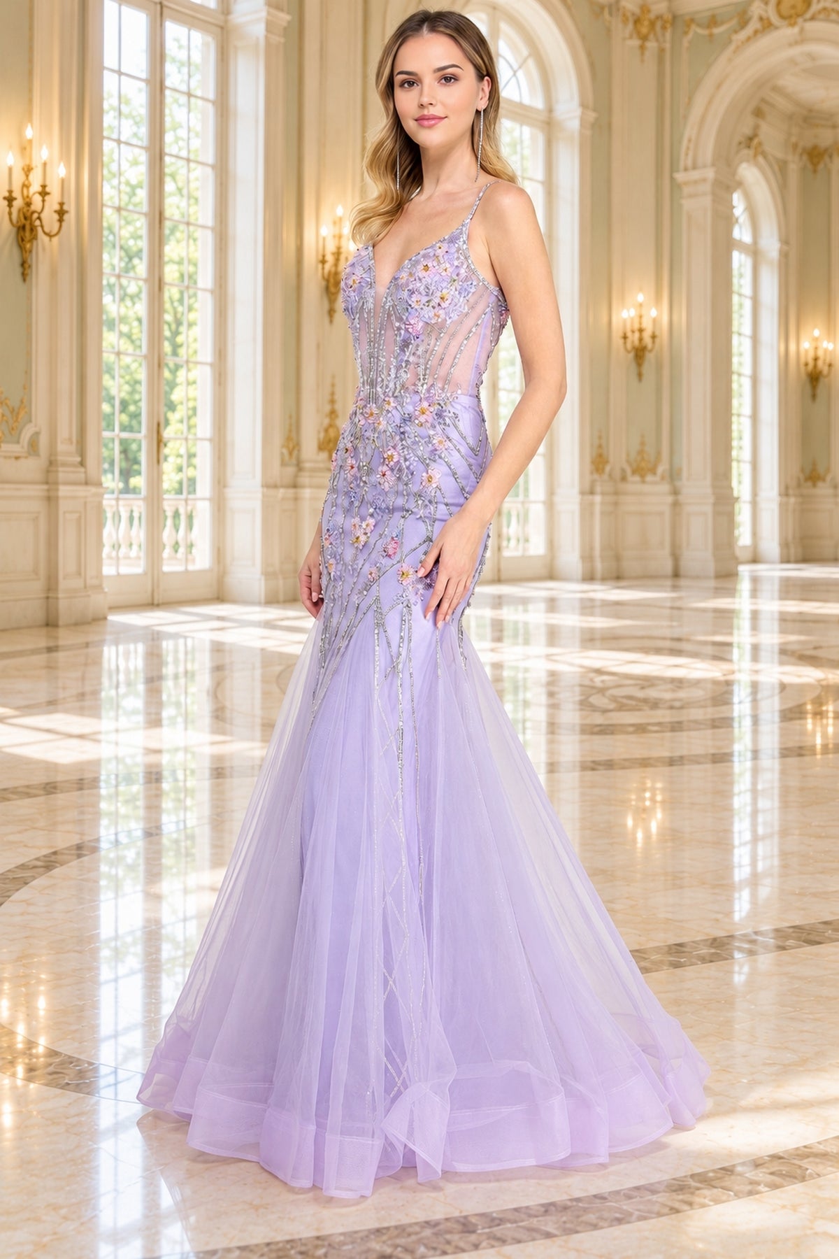 Amelia Couture 9104 lilac floral mermaid prom dress with a plunging neckline, bodice embellishments, and vertical metallic lines on the skirt.