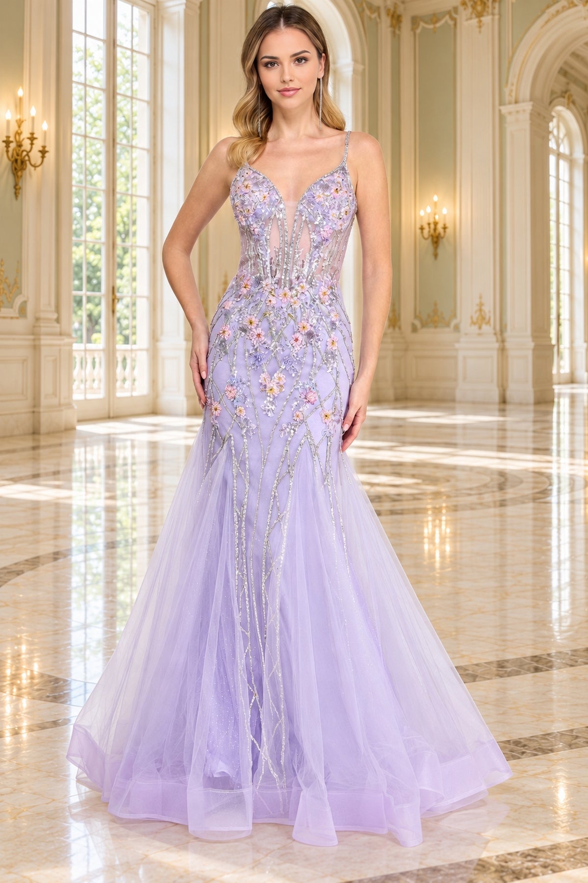 Amelia Couture 9104 lavender floral mermaid prom dress featuring a sheer bodice, thin straps, and delicate embroidery.