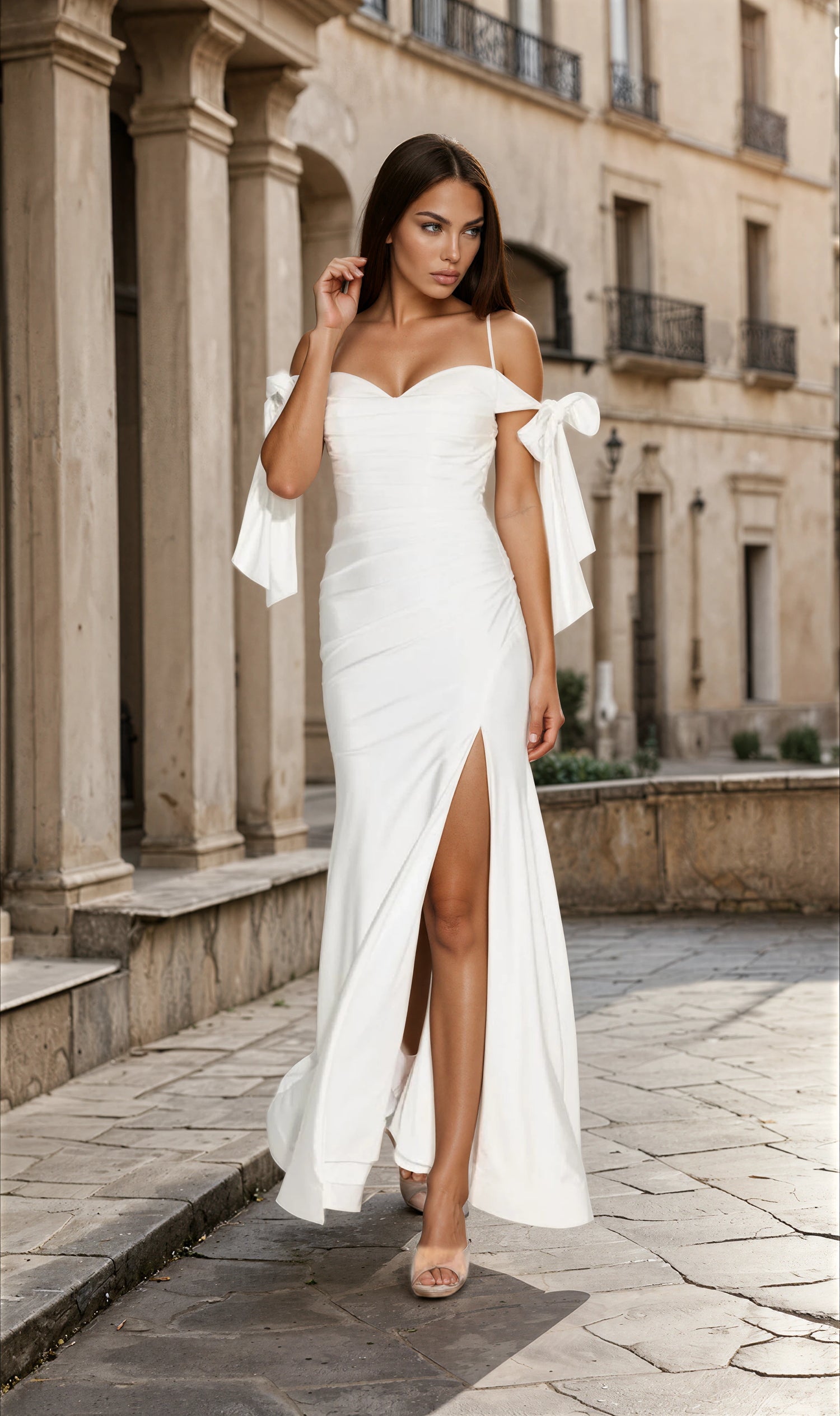 Woman wearing the Shoulder-Ties Long Jersey Prom Dress (Eureka 9181) with off-the-shoulder bow details and a thigh-high slit stands against a plain light background.