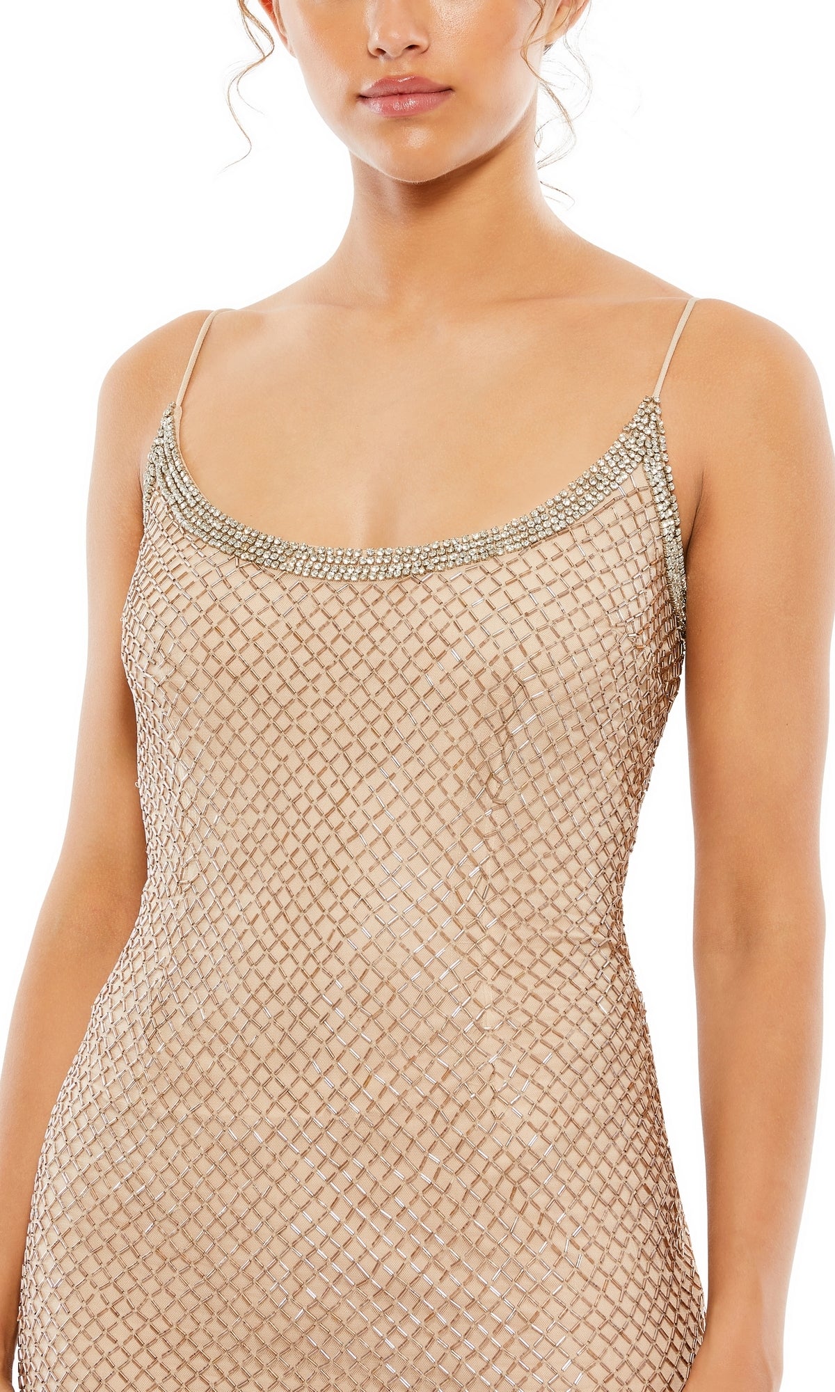 Woman wearing the Sleek Long Beaded Prom Dress by Mac Duggal 93551—a sleeveless beige gown with a silver mesh overlay and thin straps, shown from shoulders to hips.