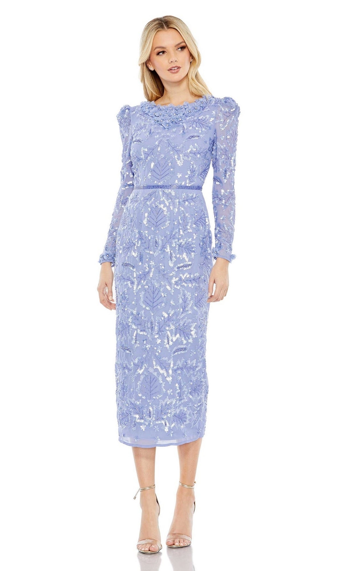 Woman wearing the Mac Duggal 93595 Sequin Midi Wedding Guest Dress in light purple with long sleeves, floral embroidery, and ruffle details, styled with strappy heels—a stunning and elegant pick for wedding guests.