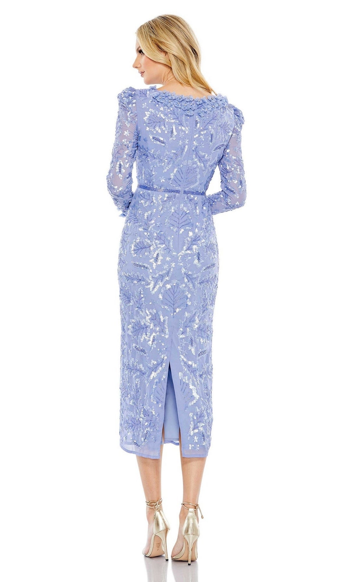 A woman faces away, wearing the Mac Duggal 93595 Sequin Midi Wedding Guest Dress in light blue with long sleeves and floral embroidery, paired with beige heels—ideal for attending weddings.