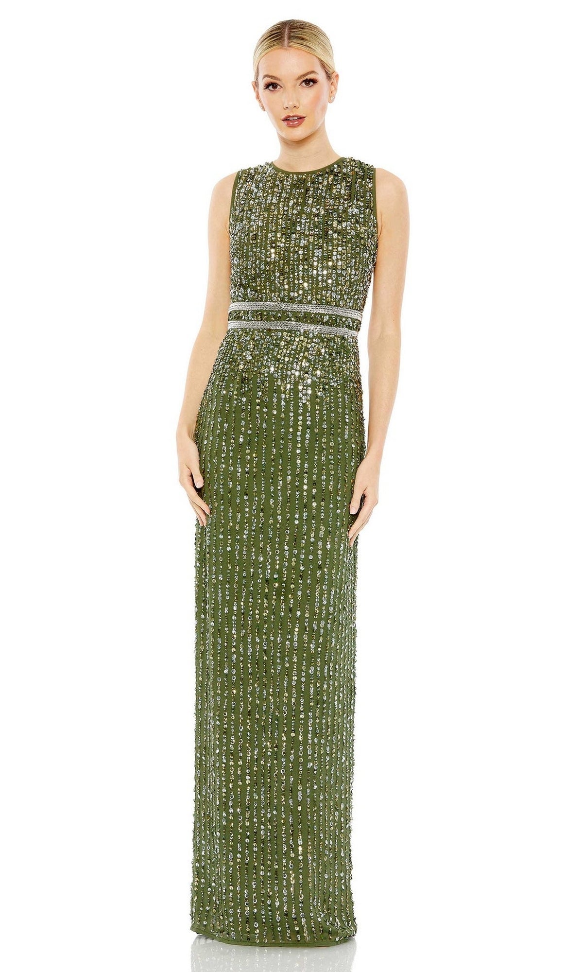 A woman faces forward in the Mac Duggal 93603—a sleeveless, floor-length olive green formal dress with silver sequin detailing and a fitted waist.