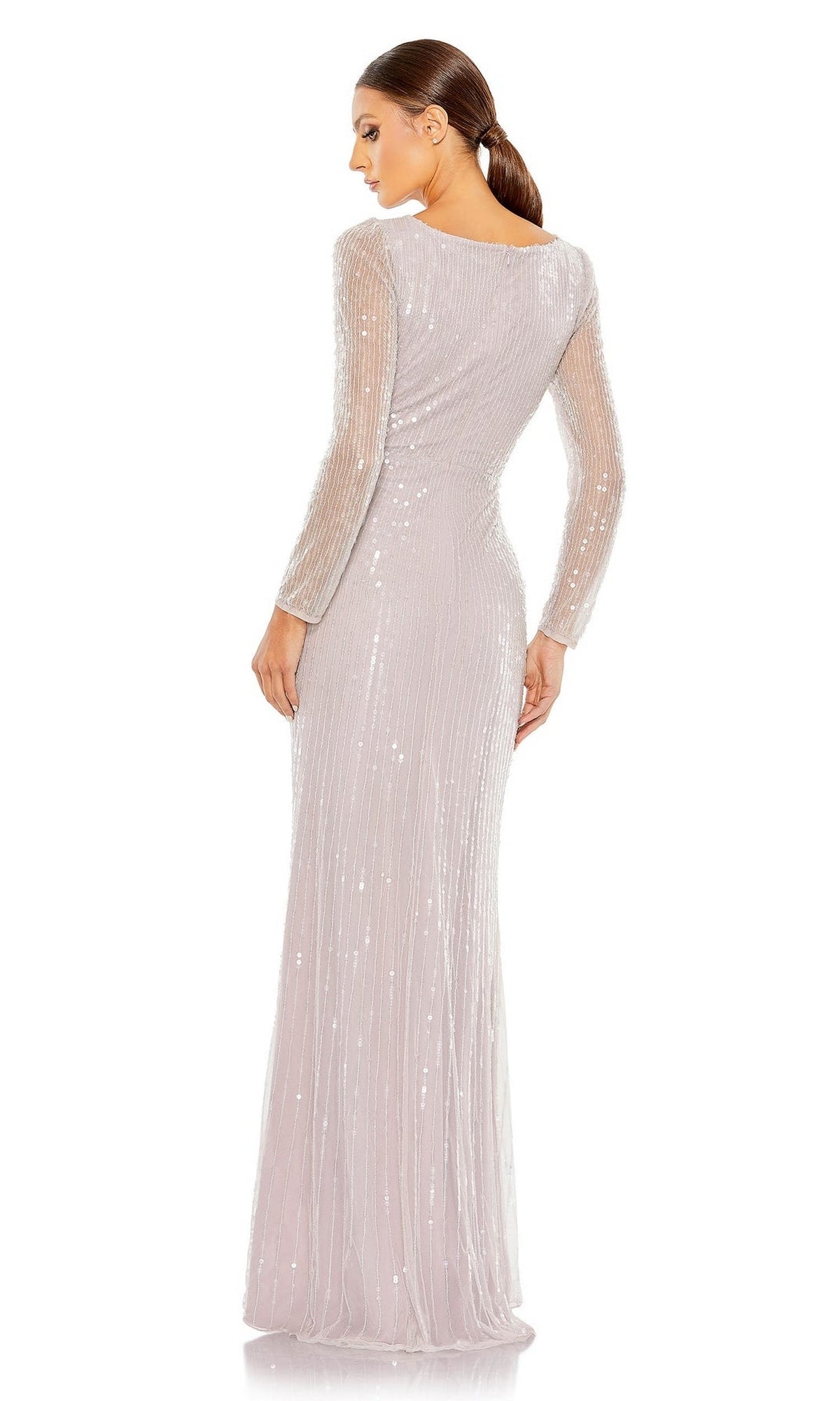 Woman in the Mac Duggal 93660 Lavender Sequin Formal Dress, featuring long sleeves and a floor-length design, shown from the back against a plain white background.