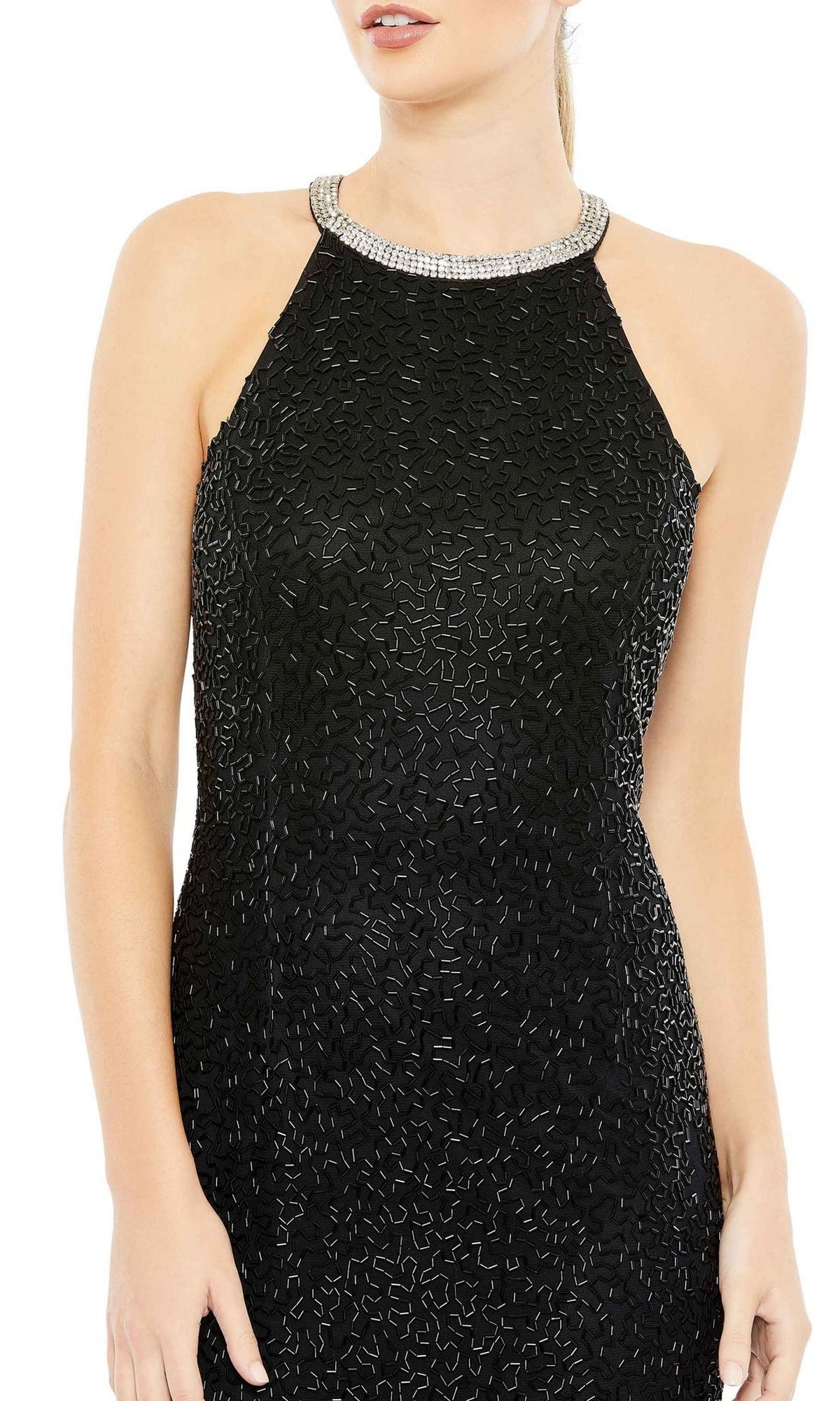 Woman wearing the Mac Duggal 93742 Long Black Beaded Formal Dress, featuring a sleeveless textured design and beaded neckline, shown from shoulders to mid-thigh.