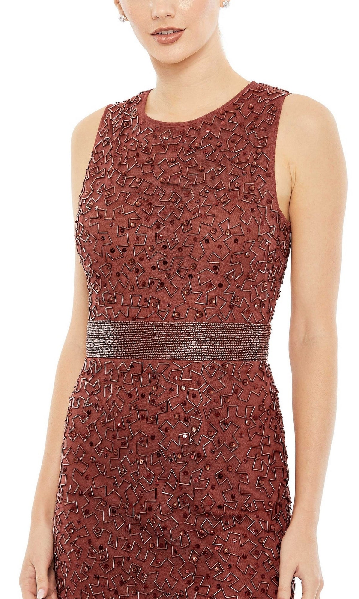 Woman in a sleeveless, dark red Mac Duggal 93758 beaded midi wedding-guest dress, featuring geometric patterns and a textured belt, shown from shoulders to mid-thigh.