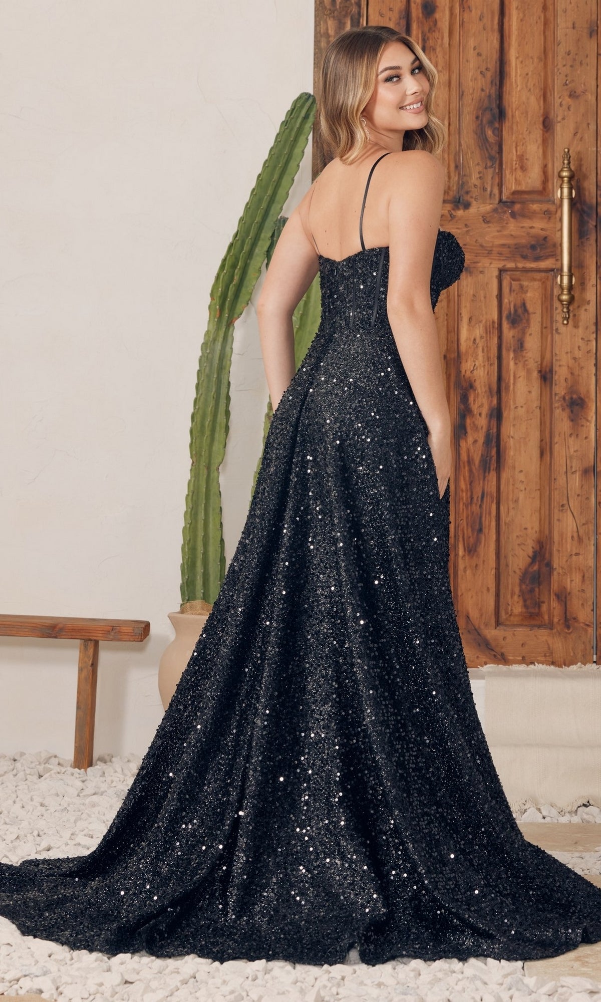 Long Black Sequin Prom Dress with Corset A1241