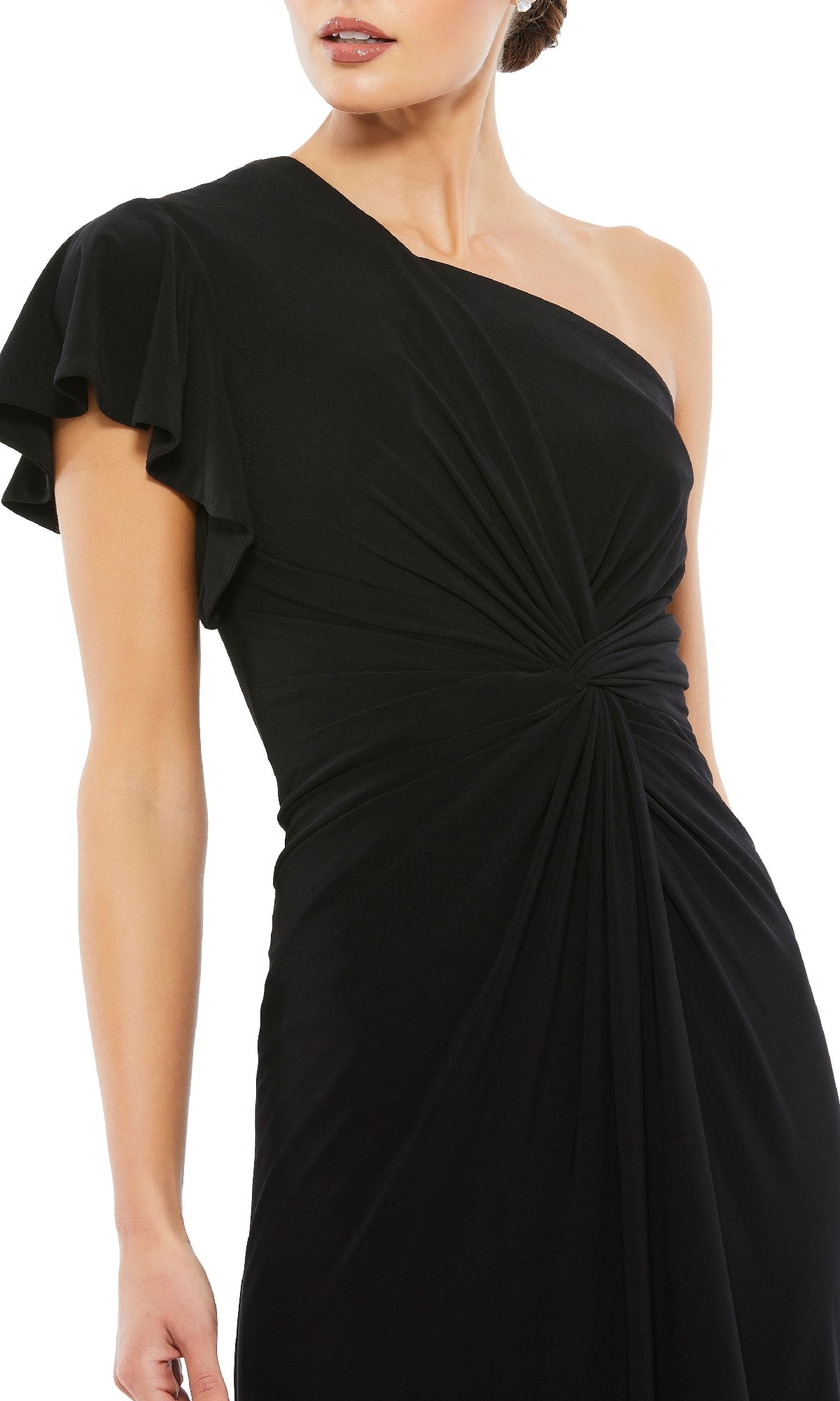 A woman wears the One-Shoulder Knot-Waist Midi Party Dress 12480 in black, featuring a gathered knot at the waist and a single short ruffled sleeve—the ideal cocktail dress for any event.