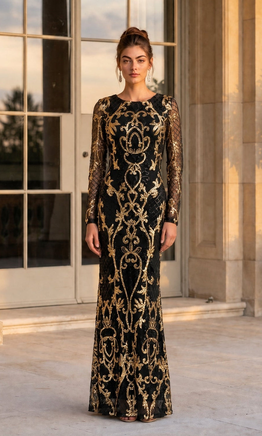 A woman stands on a stone terrace in front of large glass doors and architectural columns, wearing the Betsy & Adam A26776 long formal dress—floor-length, black, with intricate gold embroidery, long sleeves, and sheer accents.
