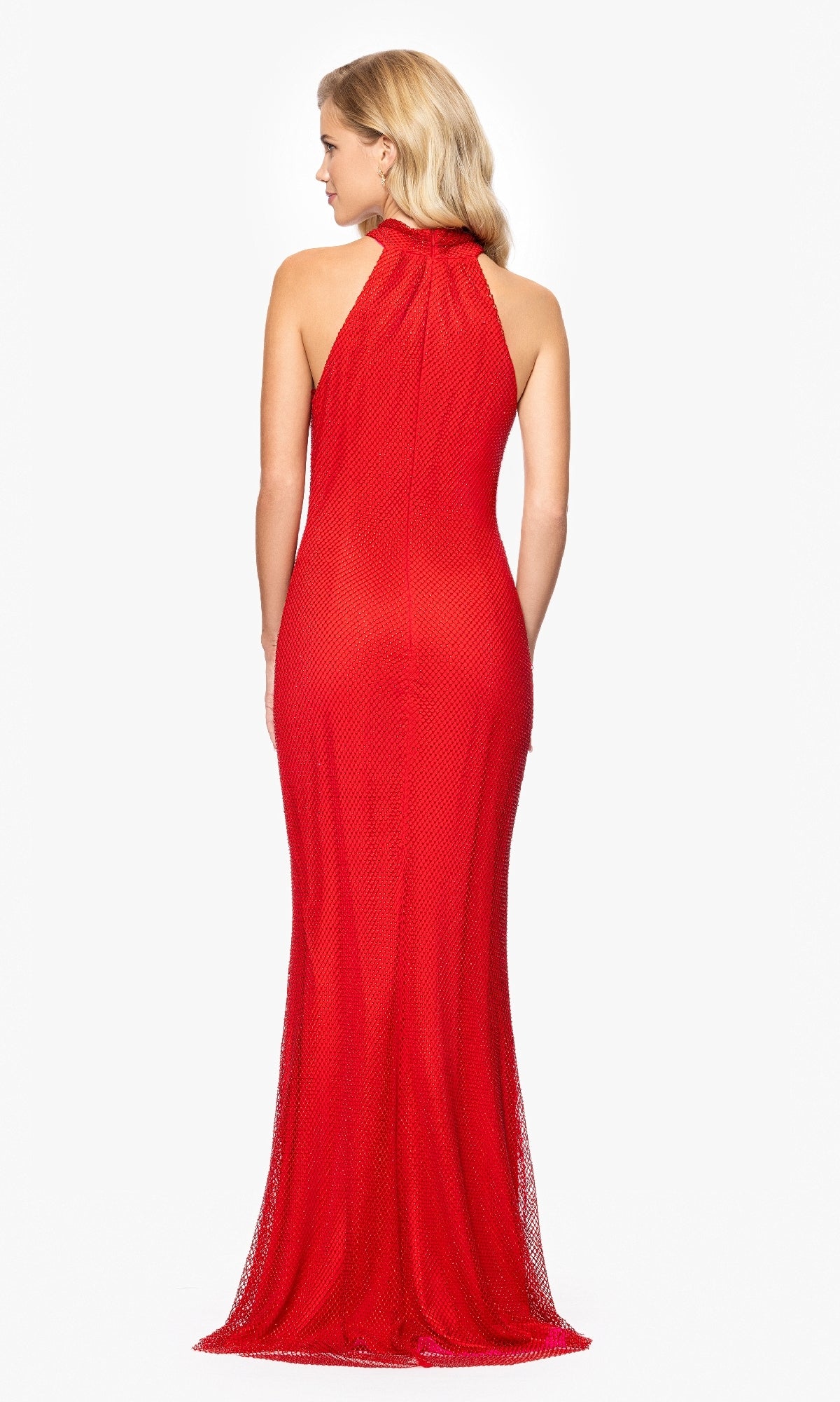 Woman in the Betsy and Adam A27001 sleeveless, floor-length red formal dress with a halter neckline, standing with her back to the camera against a plain white background.