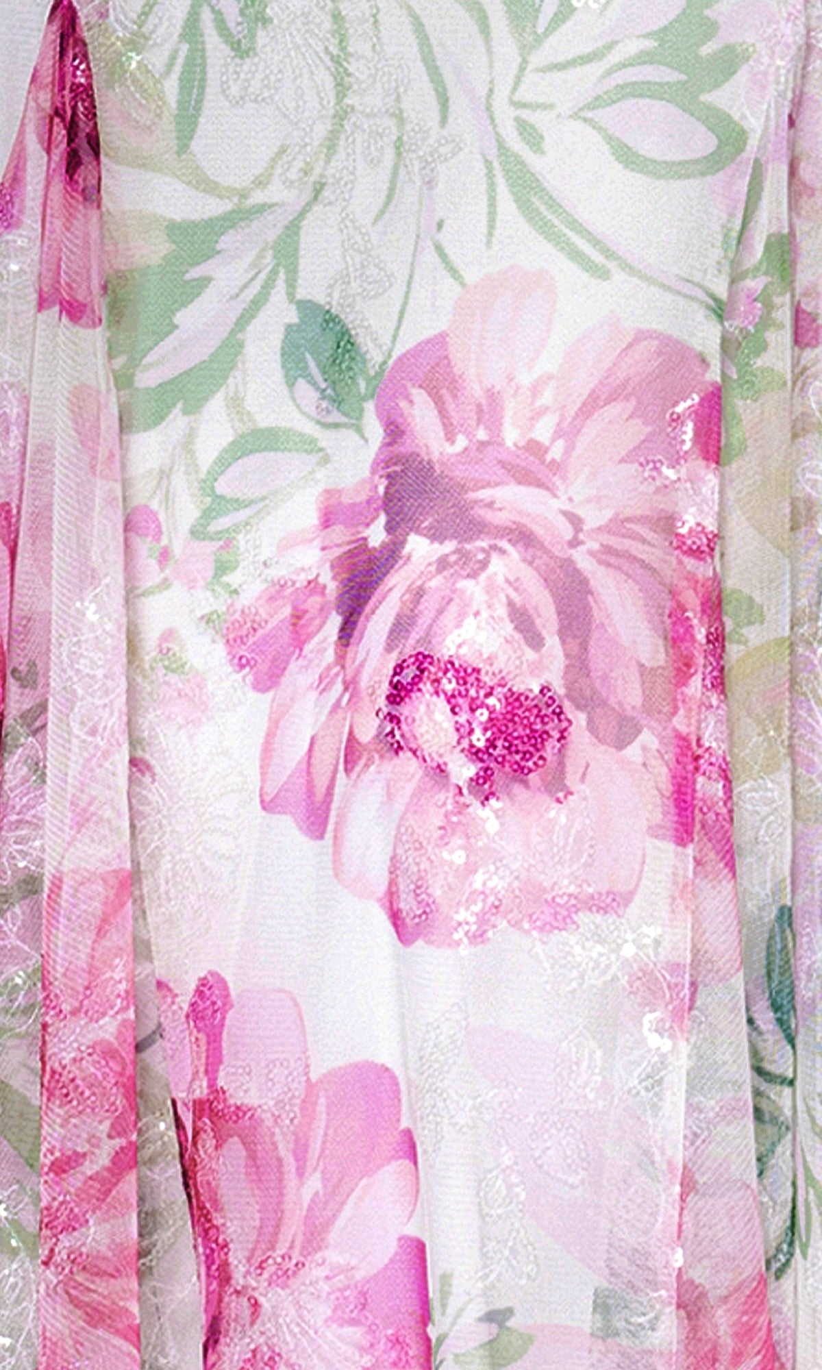 Close-up of Long Ivory Print Prom Dress: Betsy and Adam A27020 fabric, showcasing pink and green floral patterns with sequins and a sheer overlay—ideal for a standout floral prom dress or elegant evening gown.