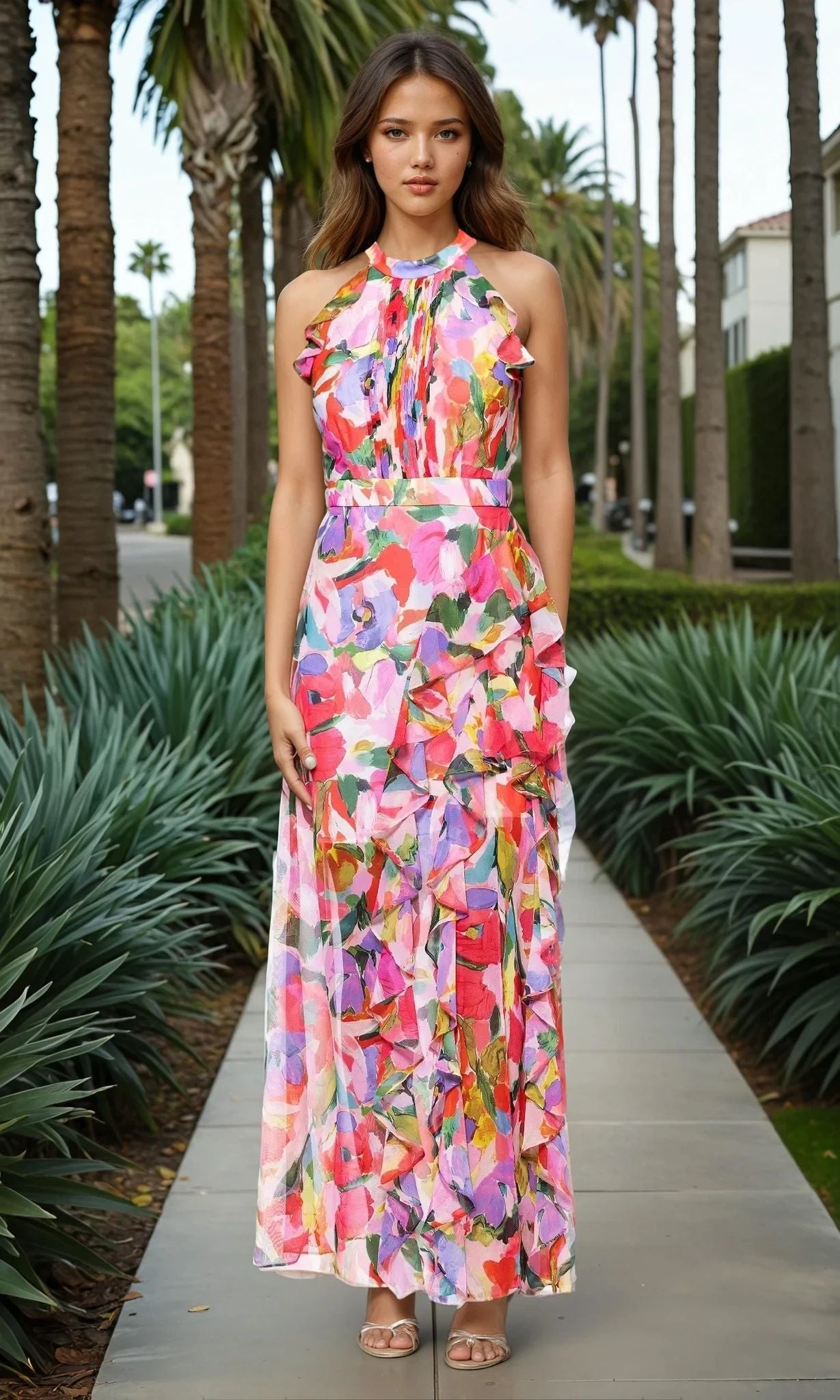 A woman stands on a sidewalk lined with plants and palm trees, wearing the Betsy & Adam A27022 Floral Wedding Guest Dress with sandals—an ideal choice for a formal wedding-guest look.