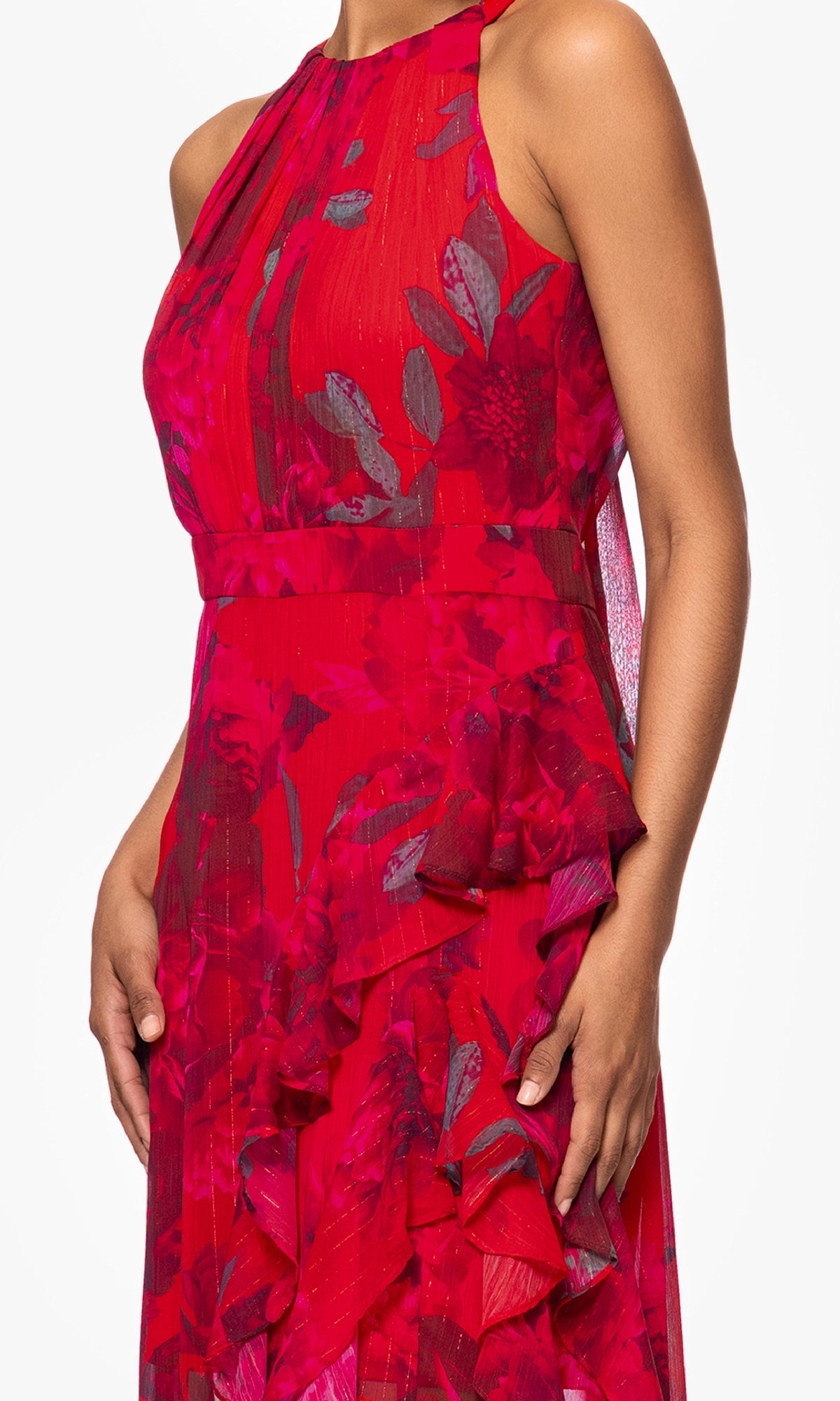 A person models the Betsy & Adam A27036 Long Red Floral Formal Dress with ruffle details, shown from shoulders to hips against a white background.
