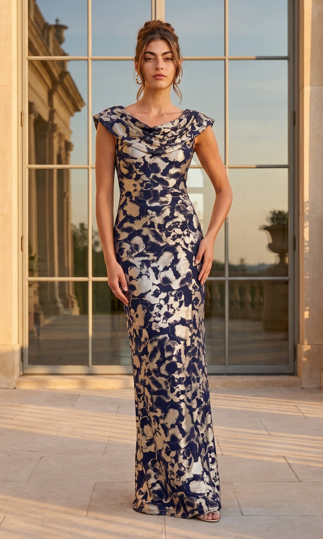 A woman stands outdoors in front of tall windows, wearing the Betsy & Adam A27195 long formal dress in navy/gold—a sleeveless gown with a striking sheath silhouette and a floor-length skirt adorned with an abstract metallic gold and navy pattern.