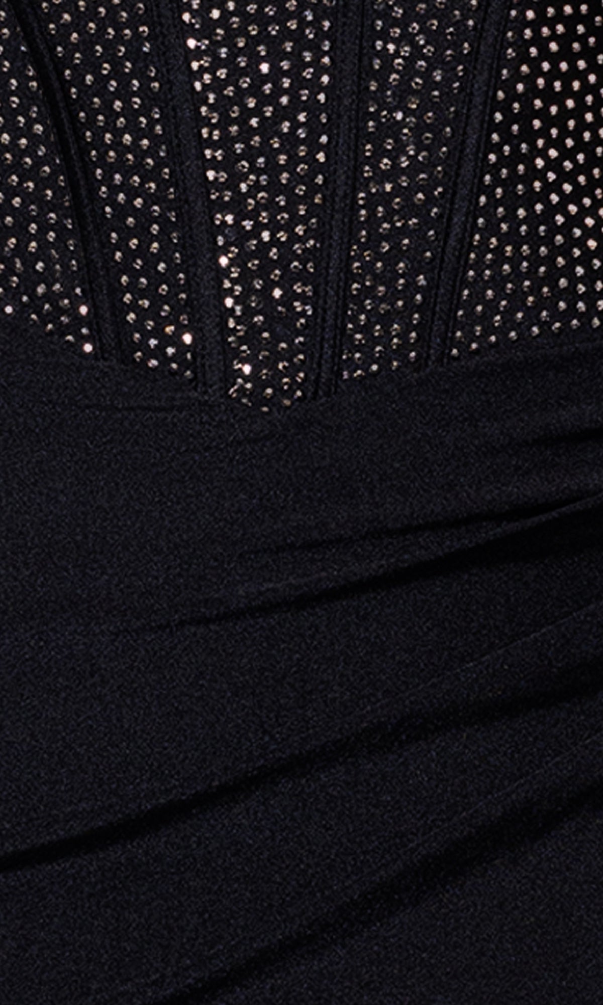 Close-up of the Betsy and Adam A27256 Long Formal Dress, a black fitted style with an embellished corset bodice adorned with sparkling rhinestones for a structured, elegant look.