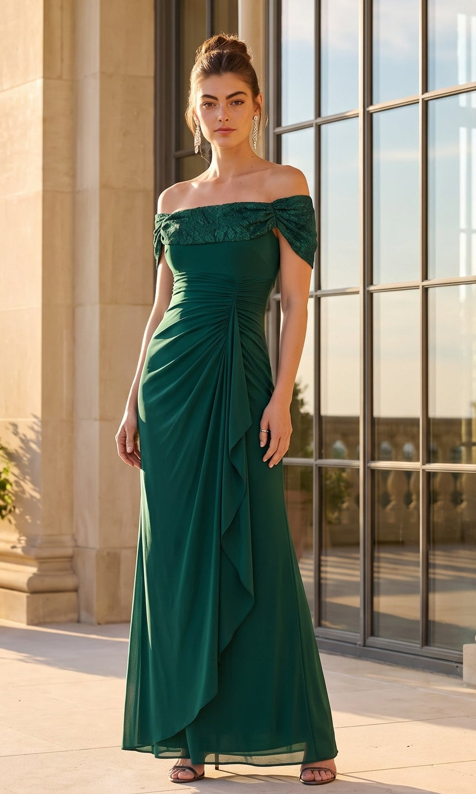 A woman wearing the Betsy & Adam A27436 long formal dress in pine, featuring an off-the-shoulder neckline and ruched detailing, standing on a terrace by large windows.