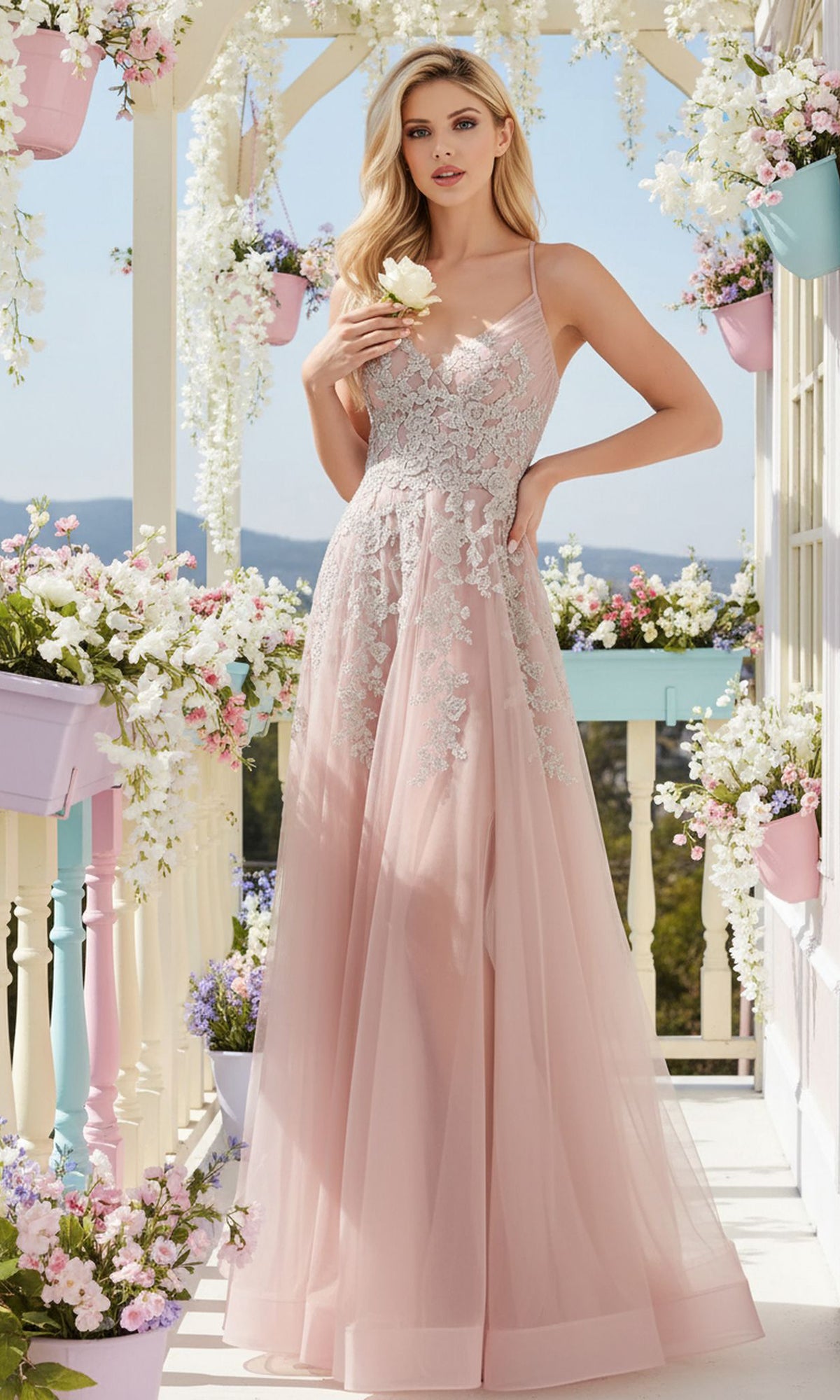A woman in the Floral-Embroidered Long A-Line Prom Dress TM1006 stands on a flower-adorned porch, holding a white rose.