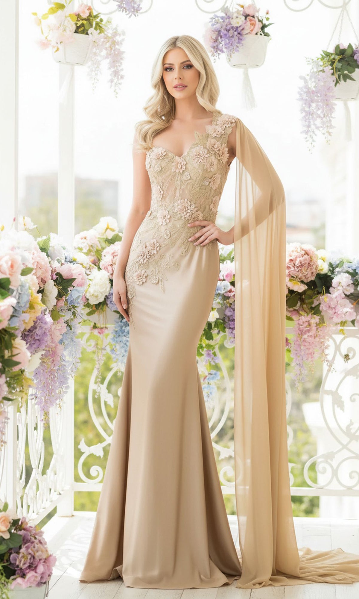 A woman in the One-Shoulder Long Formal Dress with Cape 388 stands in a bright, flower-filled setting.