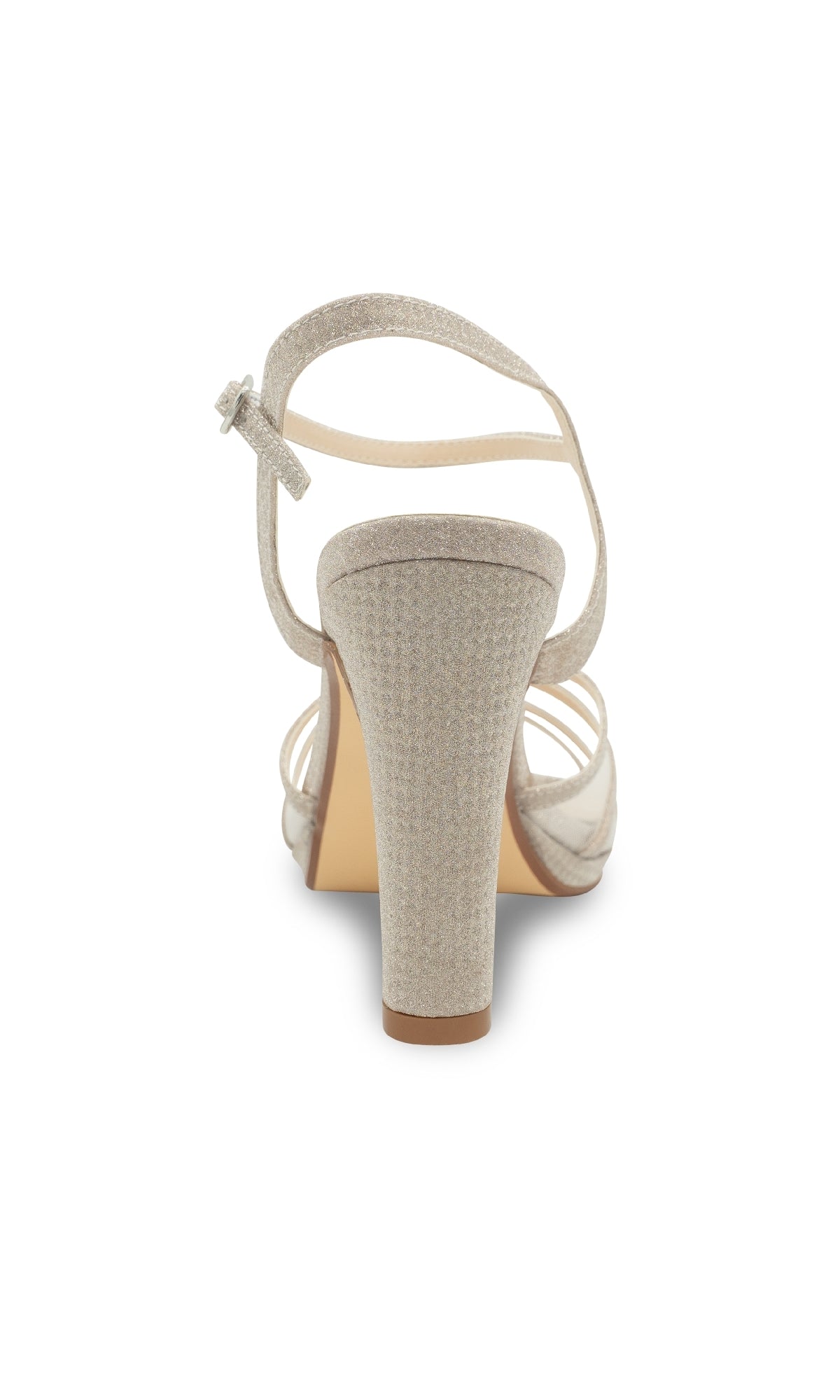 Rear view of the Anya Champagne Glitter Prom Shoes by Touch Ups 4668, featuring a beige high heel, textured heel, and adjustable ankle strap—ideal as glamorous open-toe prom shoes—shown against a white background.