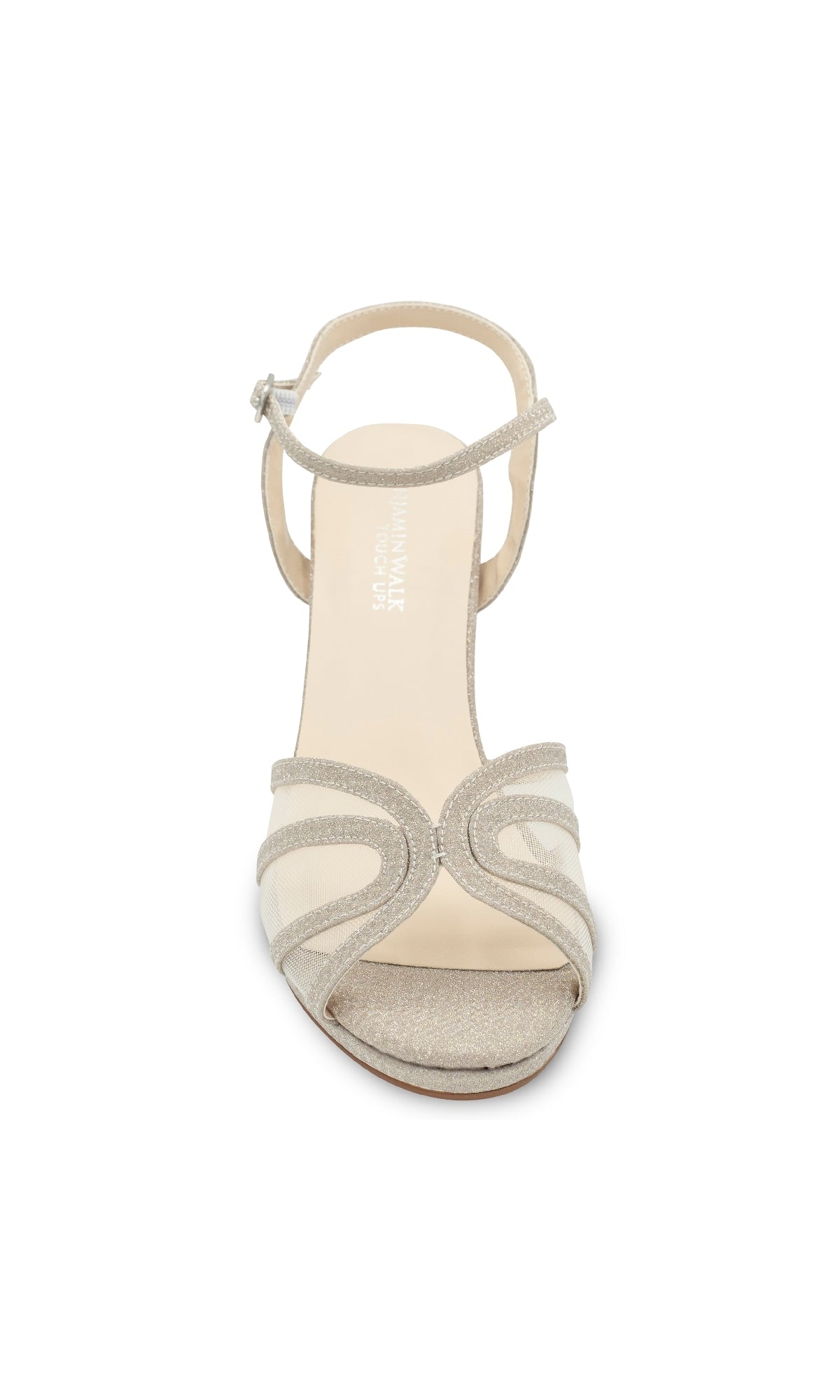 Front view of Anya Champagne Glitter Prom Shoes by Touch Ups 4668, featuring a beige open-toe high heel with ankle strap and metallic accents, perfect for adding elegance to your look against a white background.