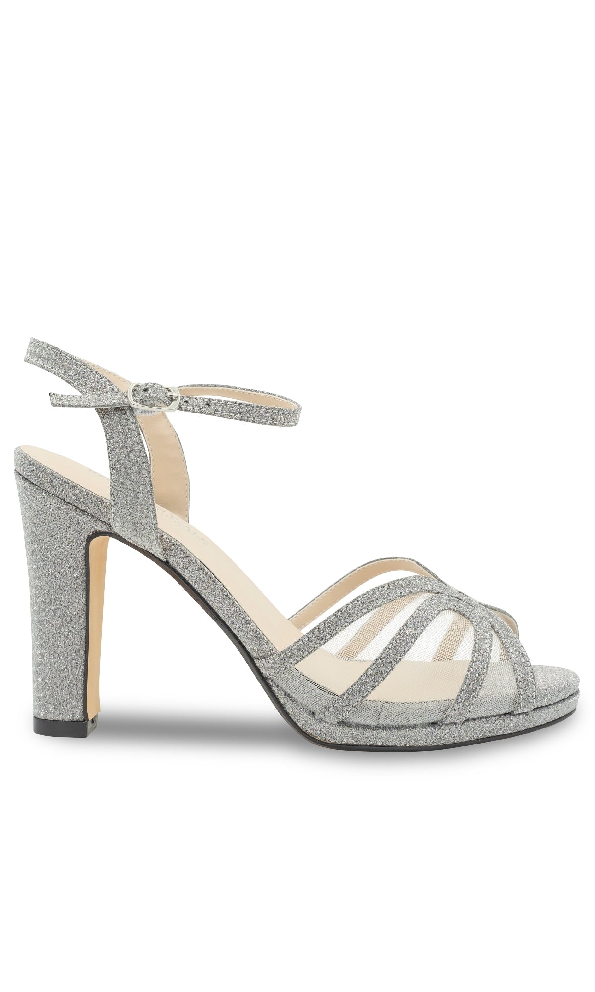 The Anya Silver Glitter Prom Shoes by Touch Ups (4669) are strappy high-heeled sandals with an ankle strap, buckle, closed heel, and open toe—ideal chic footwear for prom.