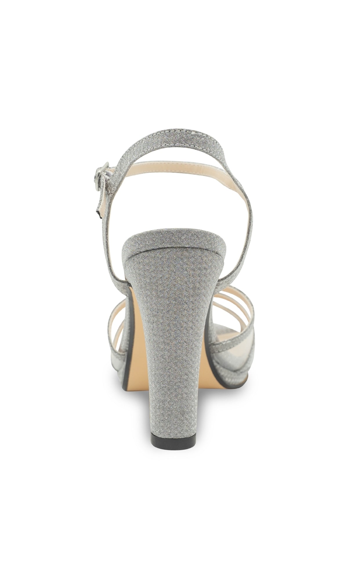 A rear view of the Anya Silver Glitter Prom Shoes: Touch Ups 4669, featuring a high heel, ankle strap, and open-toe design in silver glitter, photographed on a white background.