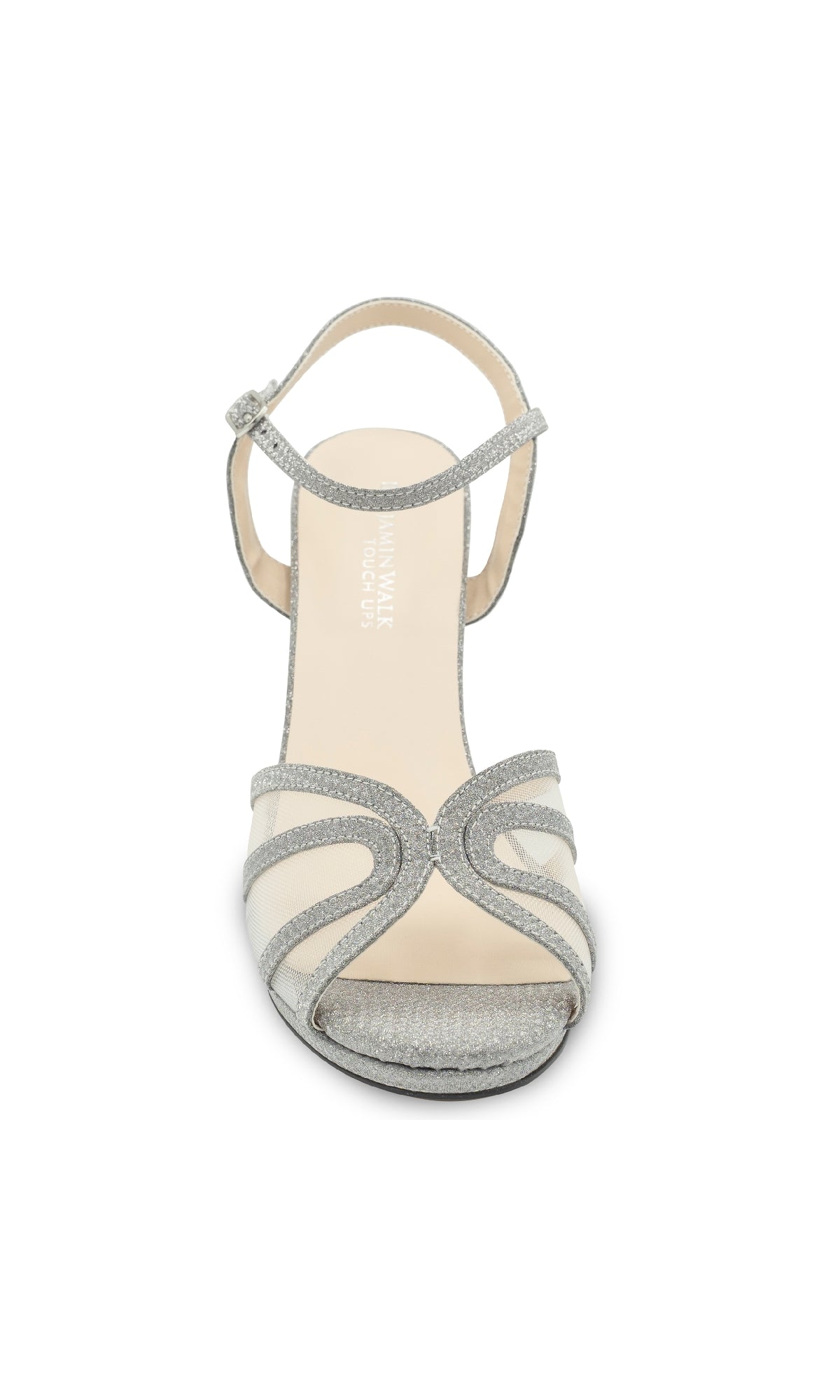 Front view of Anya Silver Glitter Prom Shoes: Touch Ups 4669, featuring an open toe, ankle strap, and sparkling glitter details, shown on a white background.