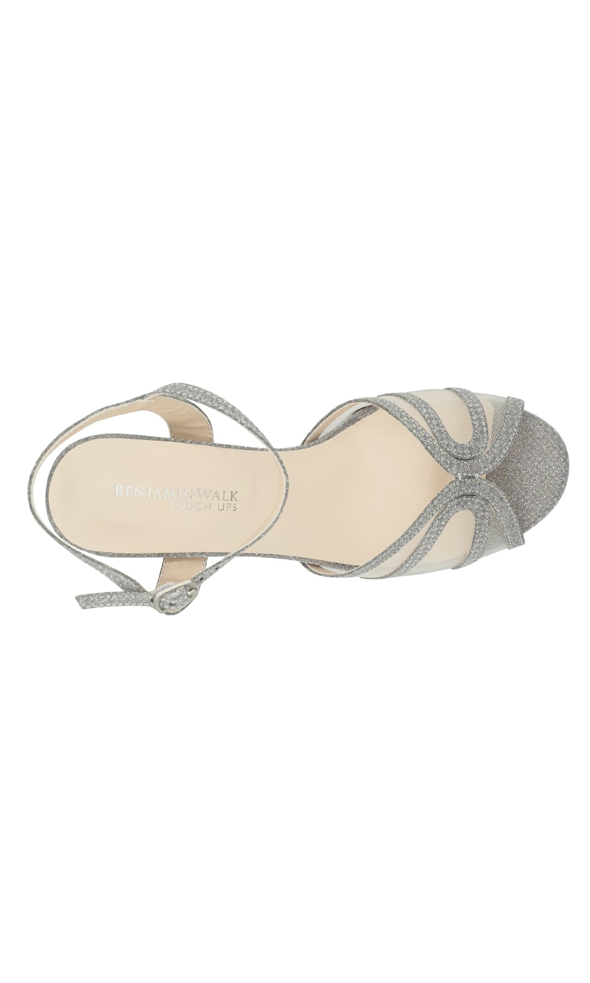 Top view of the Anya Silver Glitter Prom Shoes: Touch Ups 4669, featuring an open toe, ankle strap, and beige insole labeled