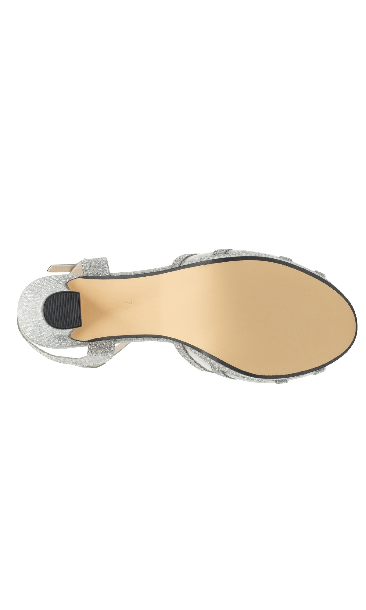 A top-down view of the sole of the Anya Silver Glitter Prom Shoes by Touch Ups 4669, featuring a pointed toe, light silver glitter upper, and a smooth tan bottom.