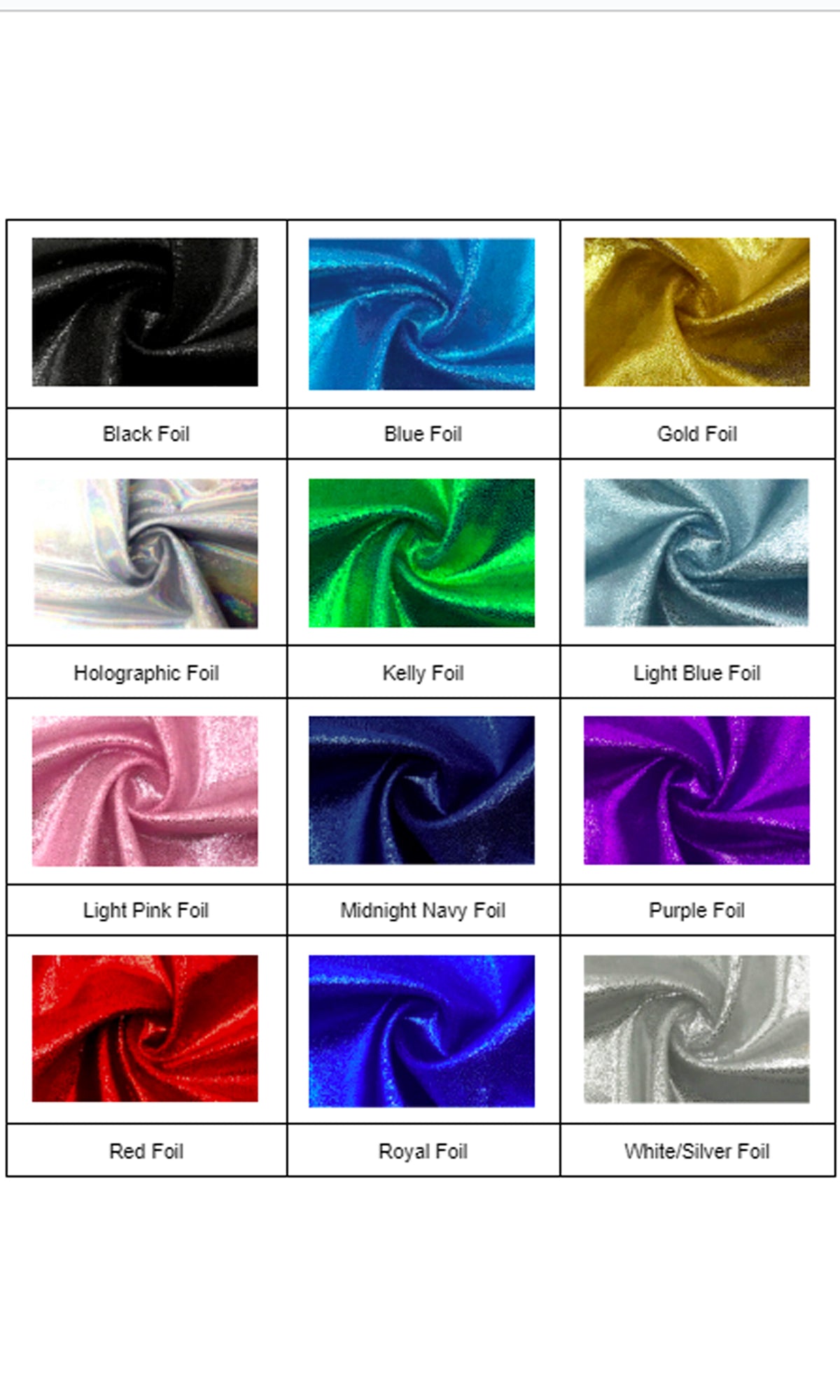 A chart displays twelve foil fabric samples—black, gold, holographic, blue, pink, red, and more—ideal for creating the Atria 7101S Tight Metallic Mini Homecoming Dress.