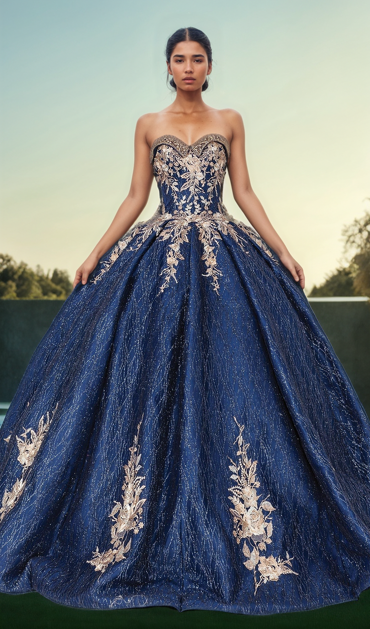 A woman stands outdoors in the Quinceanera Dress 1541 by Dancing Queen, featuring navy blue fabric with gold floral embroidery and a voluminous ball gown skirt.