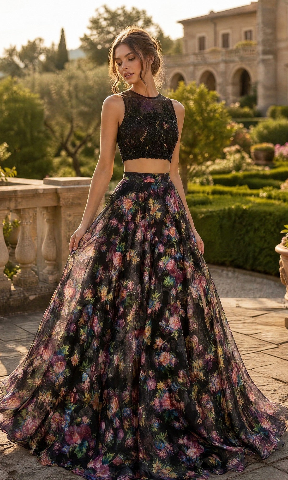 A woman poses in a garden with stone balustrades and a grand building in the background, wearing the Two-Piece Floral-Print Long Prom Dress B6803 in Black/Print. This stylish ensemble features a sleeveless black crop top paired with a long, high-waisted floral skirt.