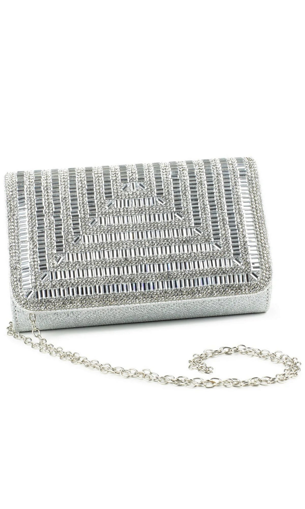 Silver Glitter Prom Clutch: Touch Ups B916 rectangular silver handbag covered in rhinestones and rectangular crystals with a thin detachable chain strap.