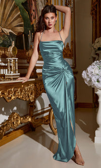 Front-Knot Open-Back Long Satin Prom Dress BD111