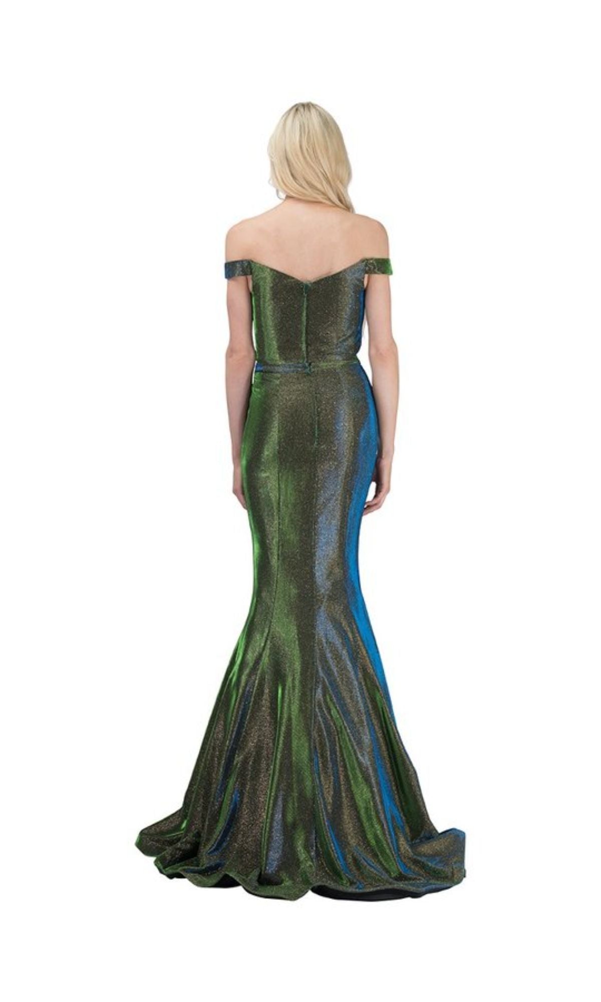 A blonde woman models the Chicas BT9020 two-piece long glitter prom dress in metallic green and blue, styled as a mermaid gown, shown from the back against a white background.
