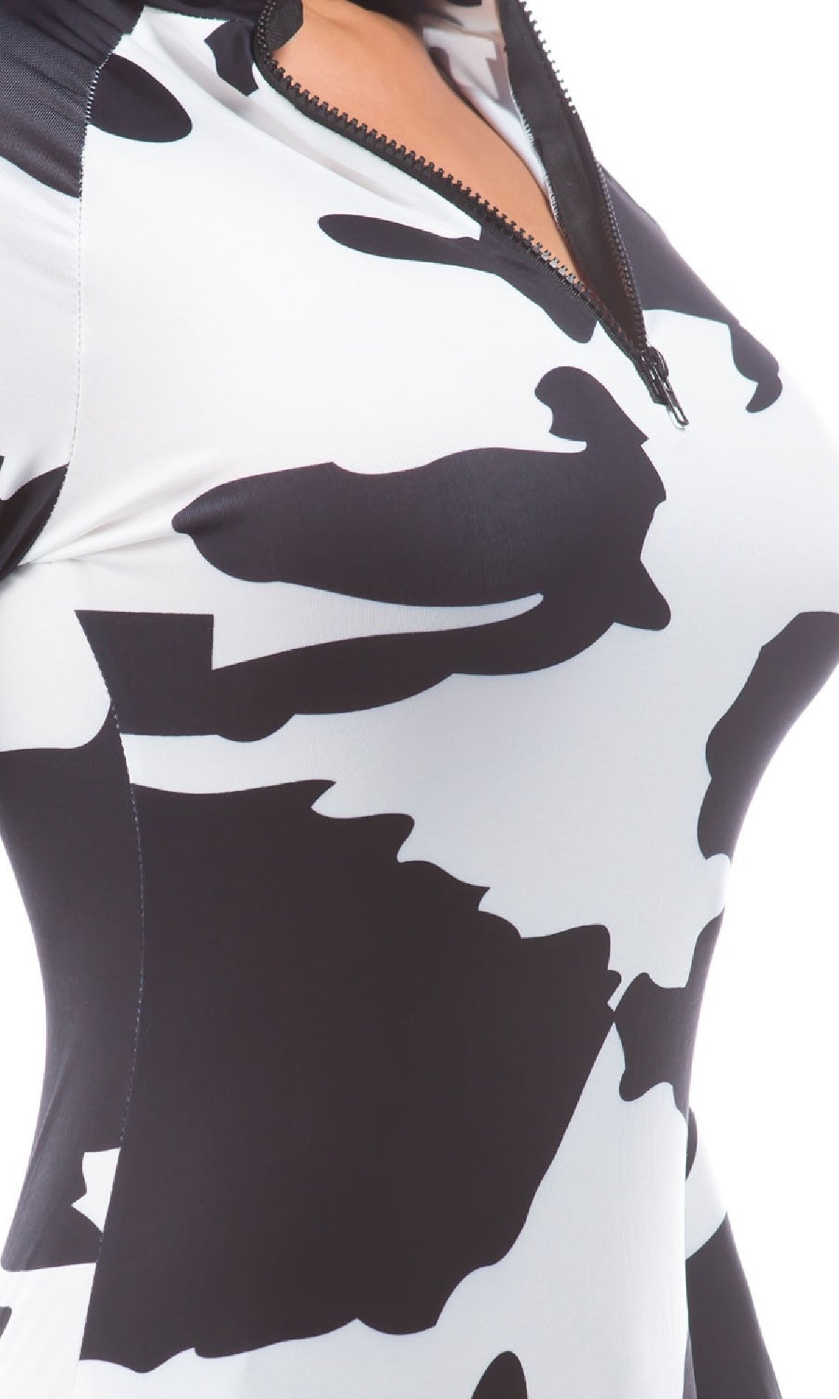 Close-up of a person wearing the Long Sleeve Cow Print Bodycon Midi Dress, featuring a black and white abstract pattern, fitted silhouette, and zippered neckline for a bold, modern look.