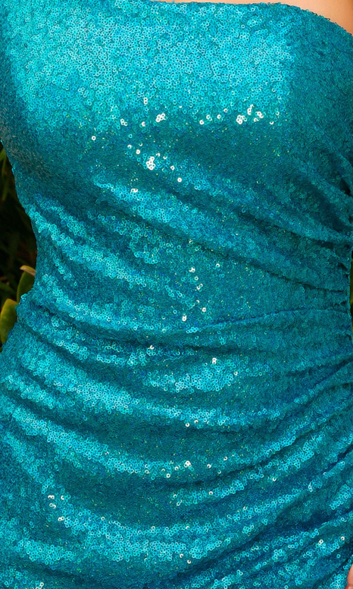 Close-up of a person wearing the One-Shoulder Short Sequin Homecoming Dress BZ030S—a fitted, strapless turquoise style by Amelia Couture.