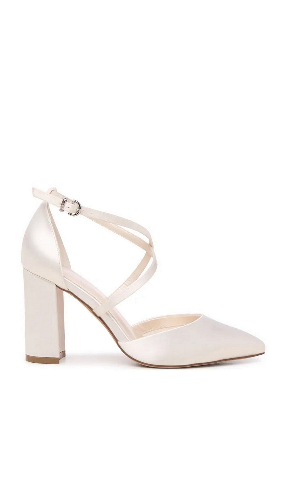 Beloved White Satin Prom Shoes: Touch Ups 4781MO featuring a white satin pointed-toe design with a block heel and a crisscross ankle strap.