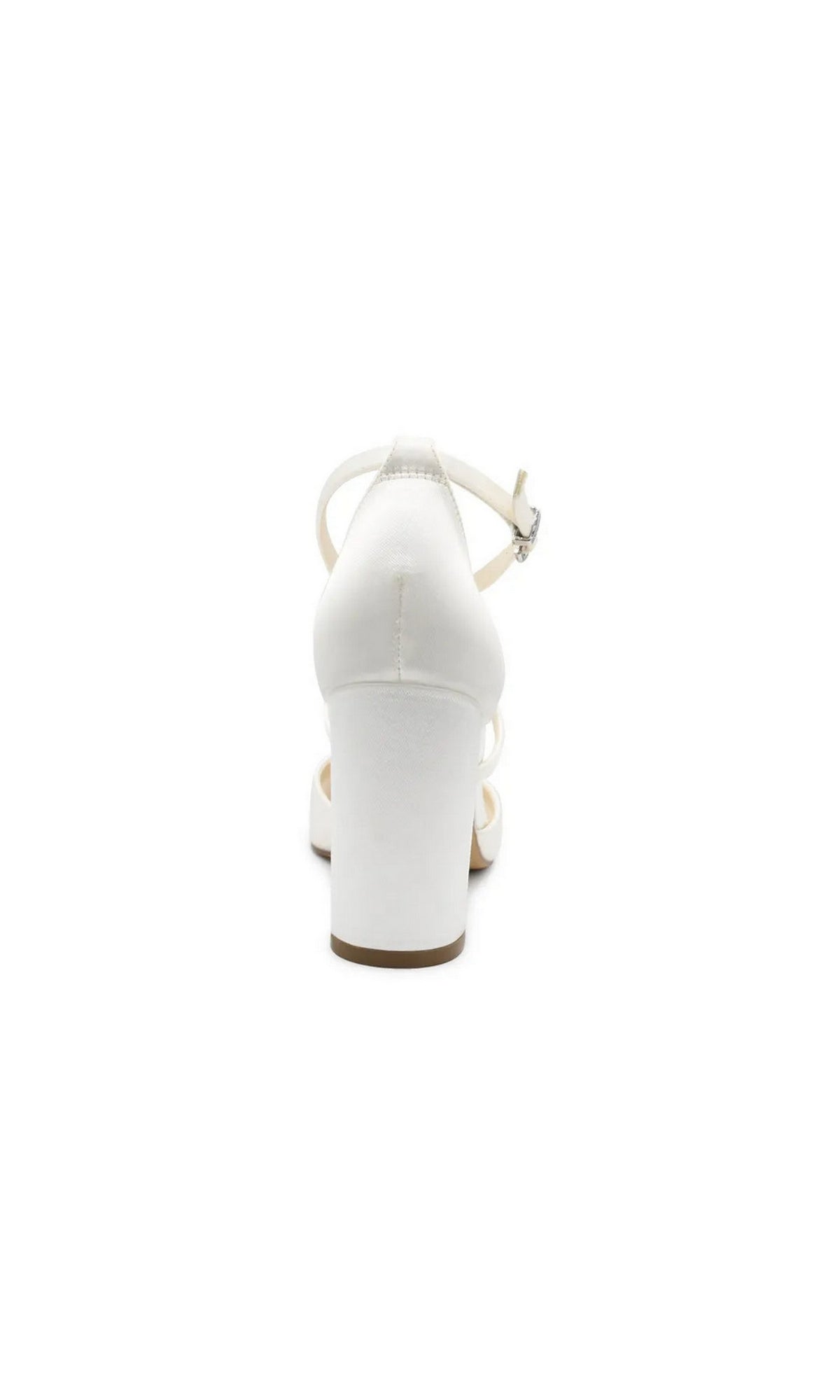 Back view of Beloved White Satin Prom Shoes: Touch Ups 4781MO, featuring white satin ankle-strap block heels.