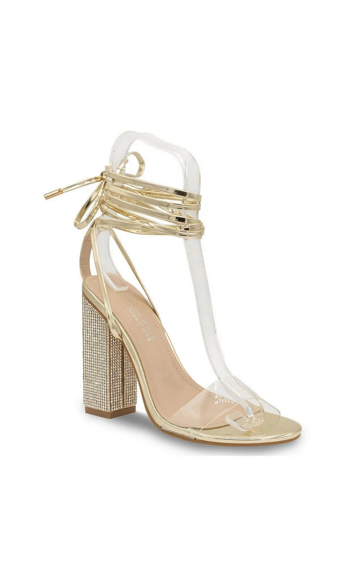 Bowie Gold Block Heel Prom Shoes: Touch Ups 4690 feature gold lace-up heels with a clear toe strap, ankle ties, and a rhinestone-covered block heel.
