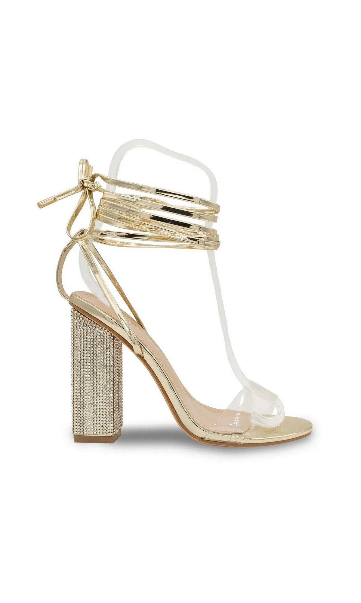 Bowie Gold Block Heel Prom Shoes: Touch Ups 4690 feature a gold ankle-wrap design, a clear toe strap, and a rhinestone-encrusted block heel.