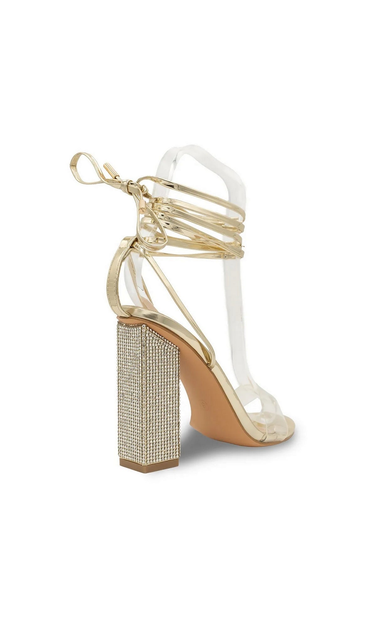 Bowie Gold Block Heel Prom Shoes: Touch Ups 4690, featuring a clear toe strap, gold lace-up ties, and a rhinestone-covered block heel.
