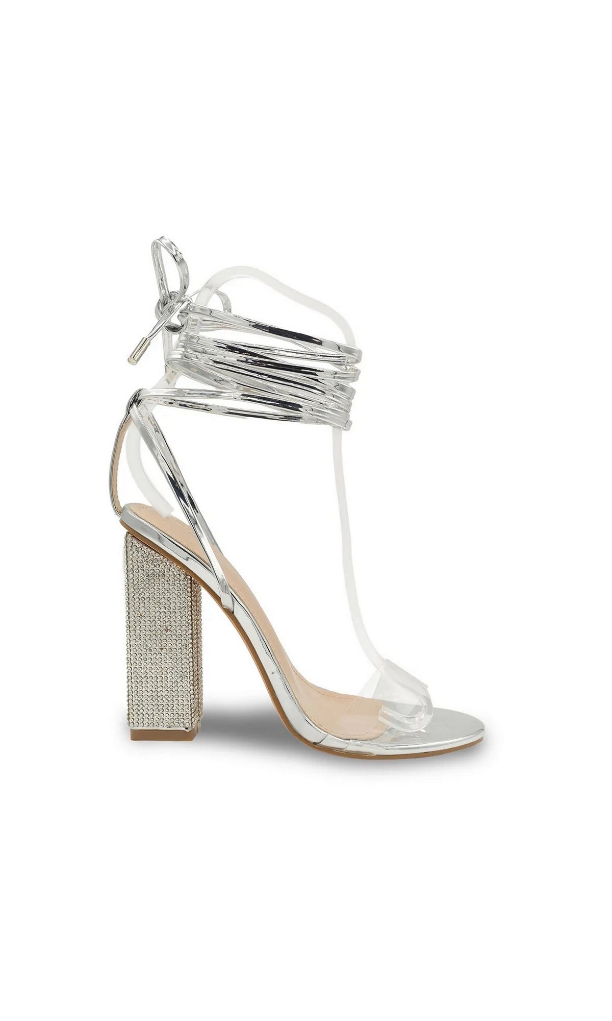 Bowie Silver Block Heel Prom Shoes: Touch Ups 4689 featuring a clear toe strap, ankle-tie laces, and a rhinestone-covered block heel.
