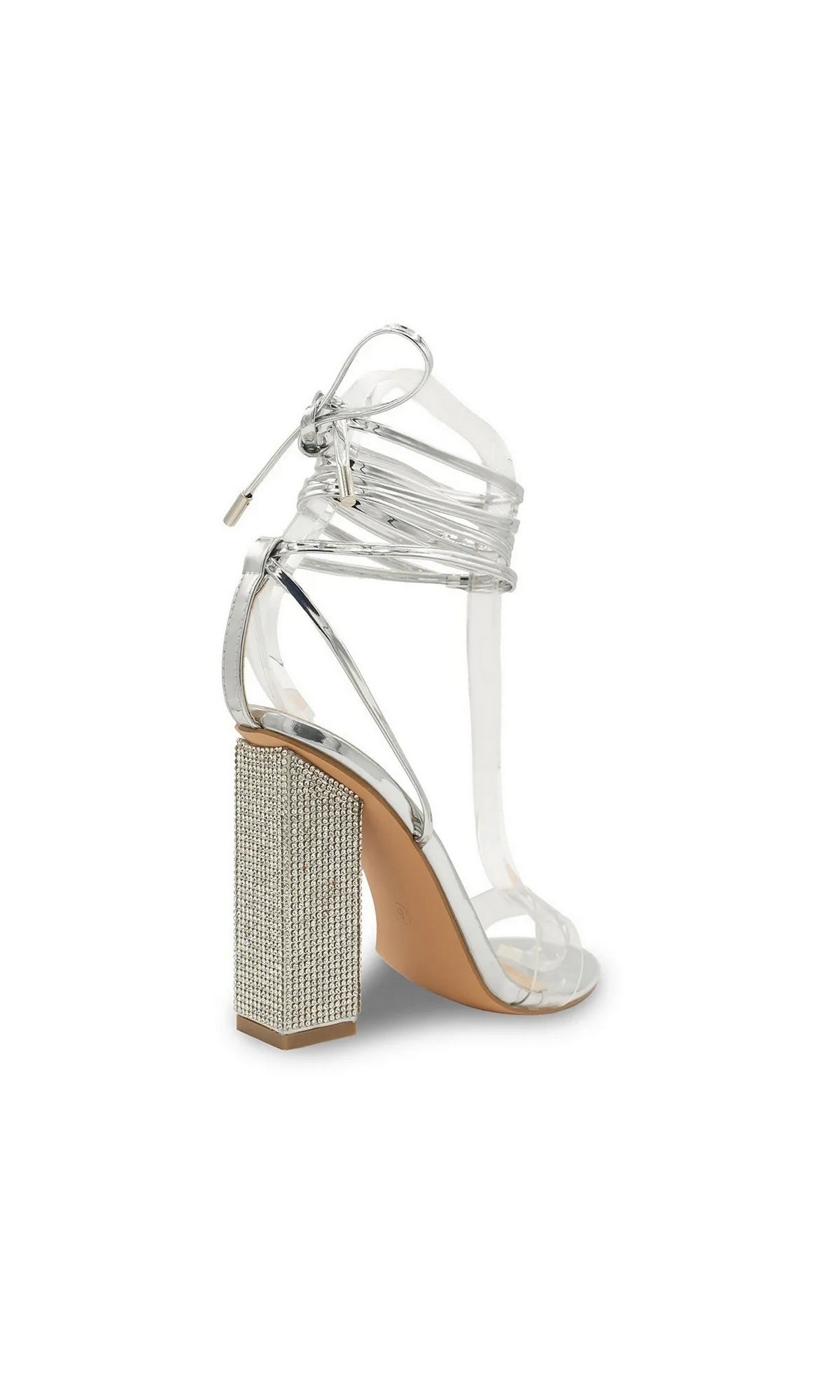 Bowie Silver Block Heel Prom Shoes: Touch Ups 4689 are silver high-heeled sandals featuring a crystal-encrusted block heel, wrap-around ankle straps, and a glitter finish.