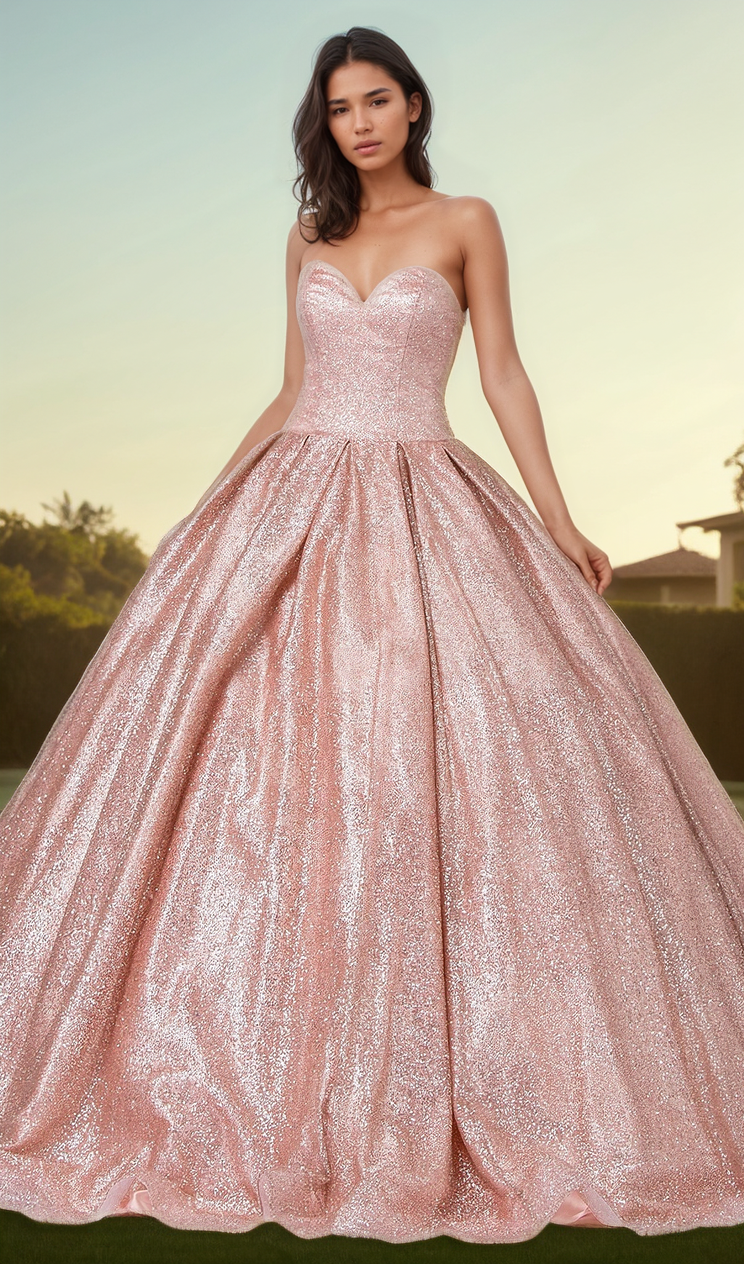 A woman stands outdoors wearing the Quinceanera Dress 1341 by Dancing Queen, featuring a strapless design with a shimmering pink fitted bodice and a full, flowing skirt.
