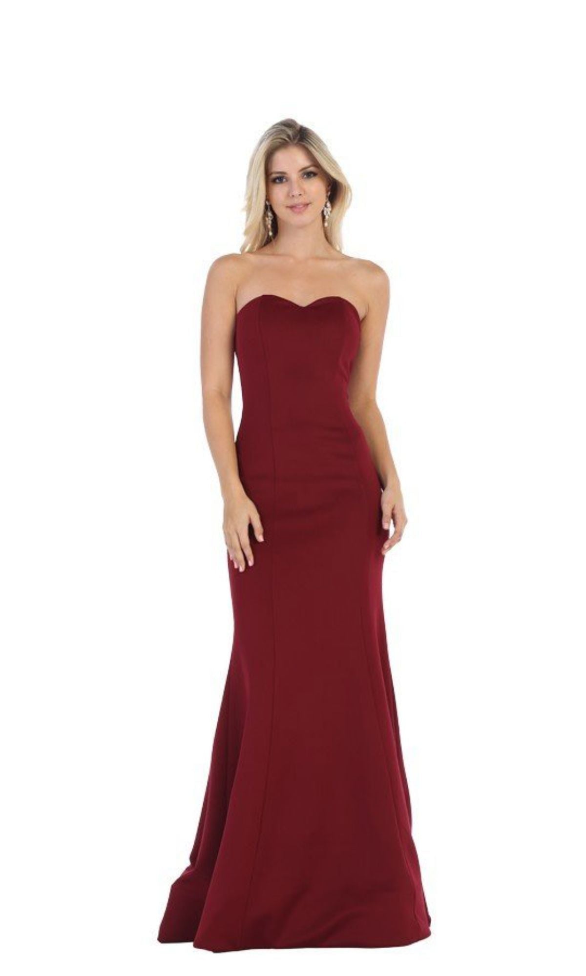 A woman models the Strapless Sweetheart Long Prom Dress: Chicas C011—an elegant, fitted, floor-length burgundy gown—against a plain white backdrop; an affordable choice for any formal evening occasion.