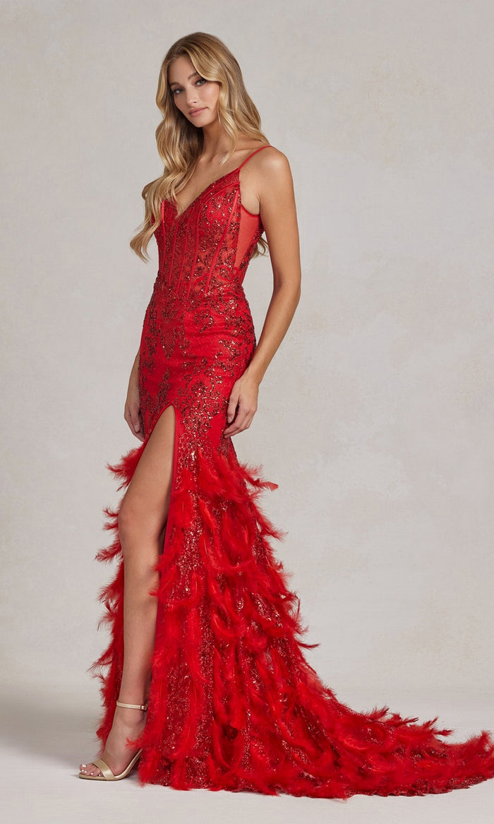 Open-Back Shimmer Prom Dress with Feather Skirt